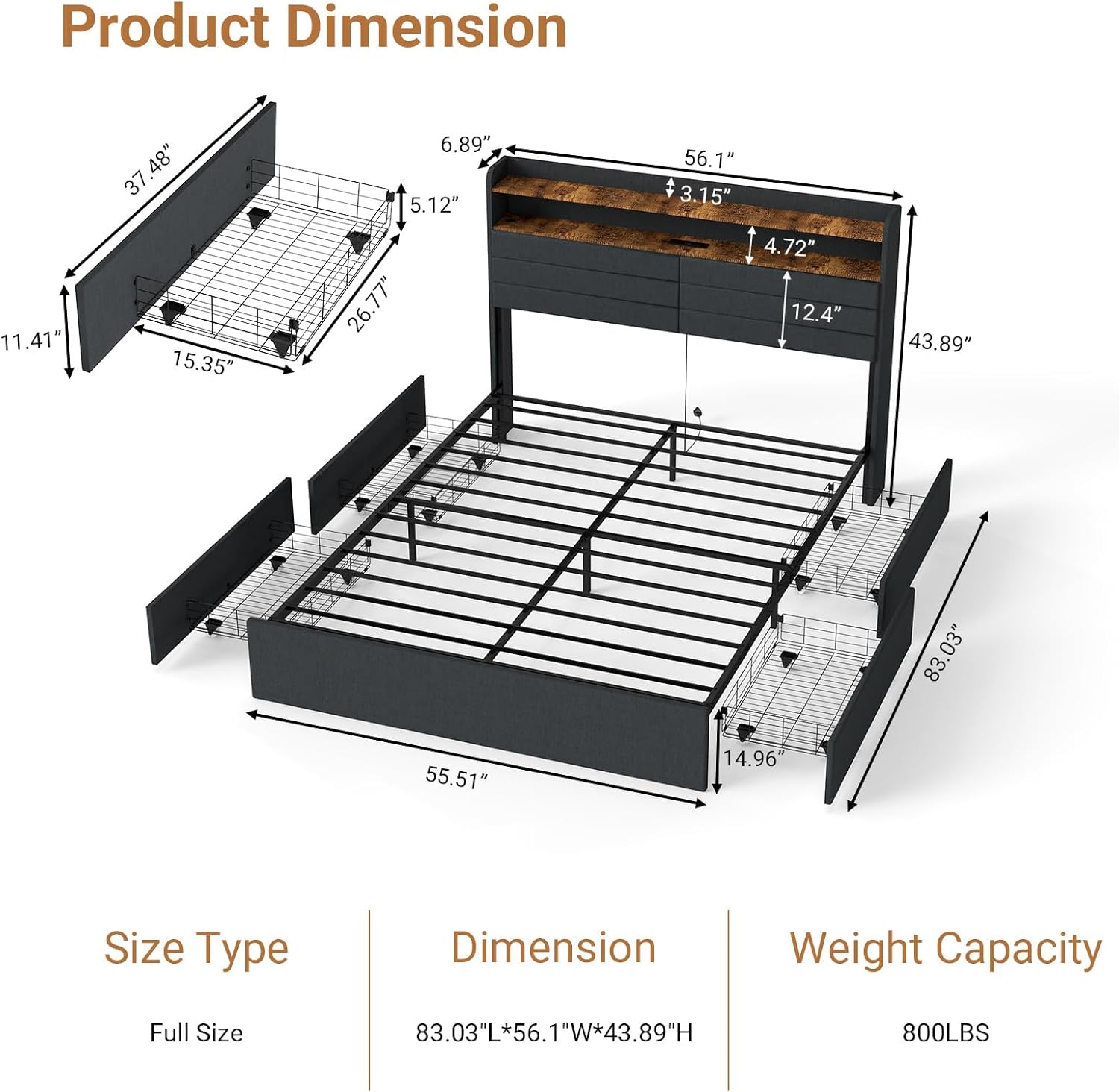 Full Size Bed Frame with 4 Drawers, Heavy Duty Metal Full Bed Frame with LED Lights, Charging Station, Upholstered Headboard, 800LBS Weight Capacity, Noise Free, Gray