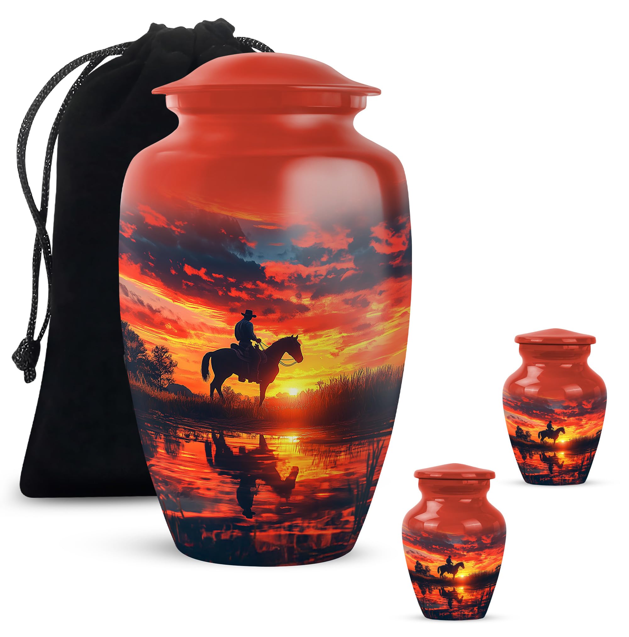 Cowboy Urn - Large &amp; Small Urns for Ashes Adult Male - Unique Cremation Urns for Human Ashes - Companion Urns for 2 Adults - Memorial Ash Containers - 10" &amp; 3" Pack of 3