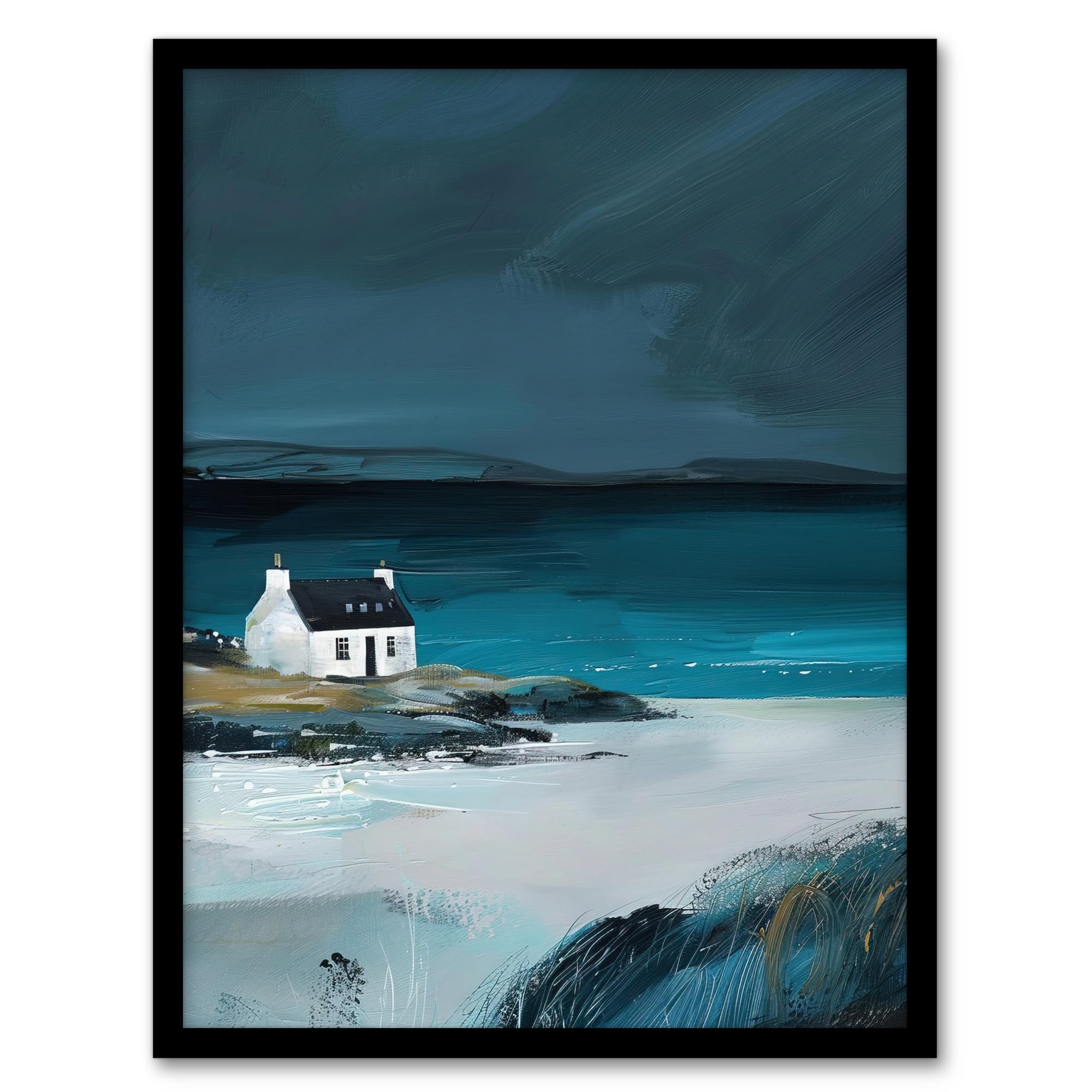 Artery8 Scottish Cottage on Coast Timeless Oil Painting Living Room Artwork Framed Wall Art Print A4