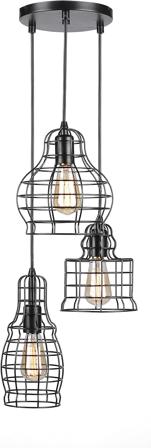 CO-Z 3-Light Wire Cage Cluster Pendant Chandelier in Antique Bronze Finish, 3 Metal Squirrel Cages Hanging Pendant Ceiling Lighting…