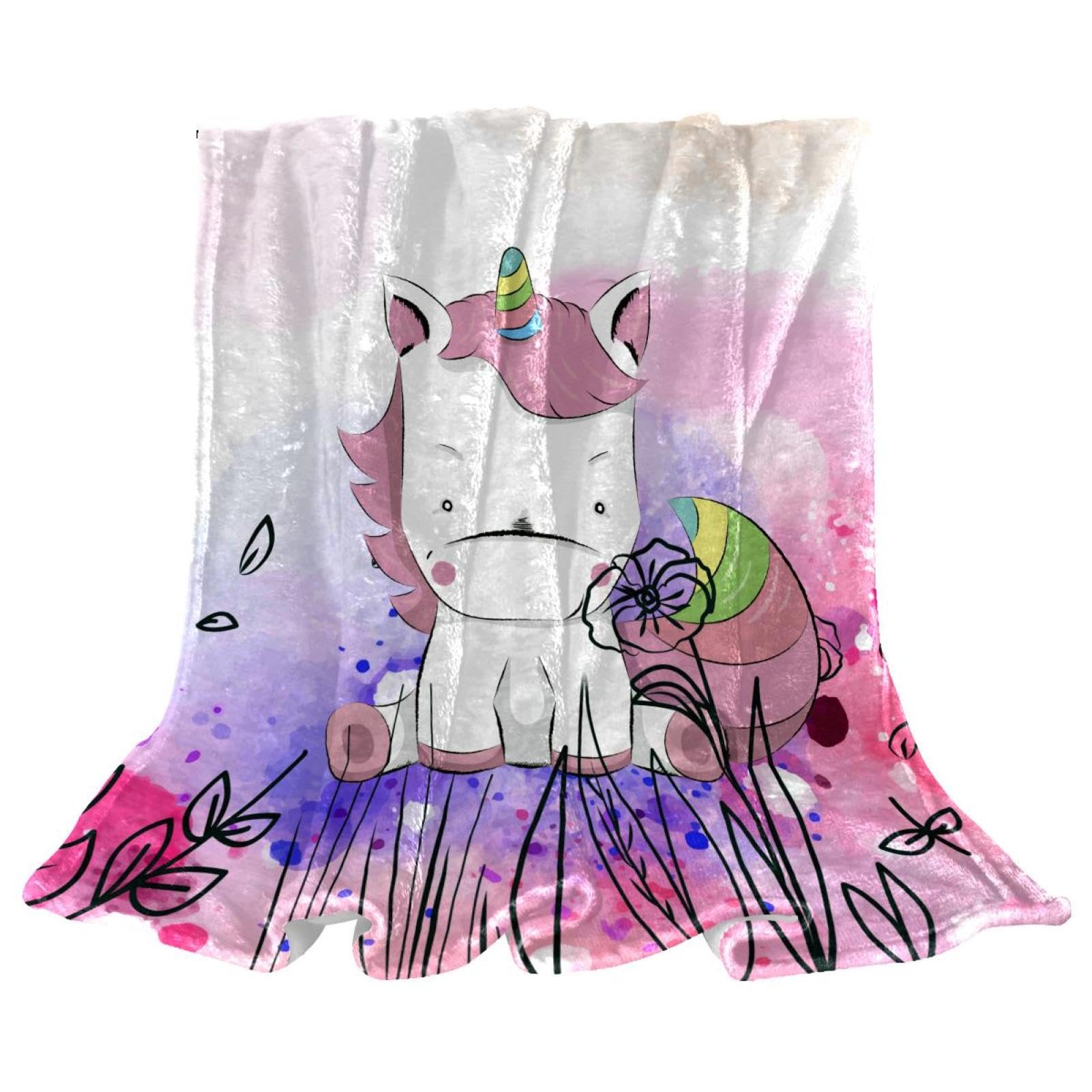 Couverture polaire rose licorne grand plaid de canapé et jeté de lit chaud 150x130cm