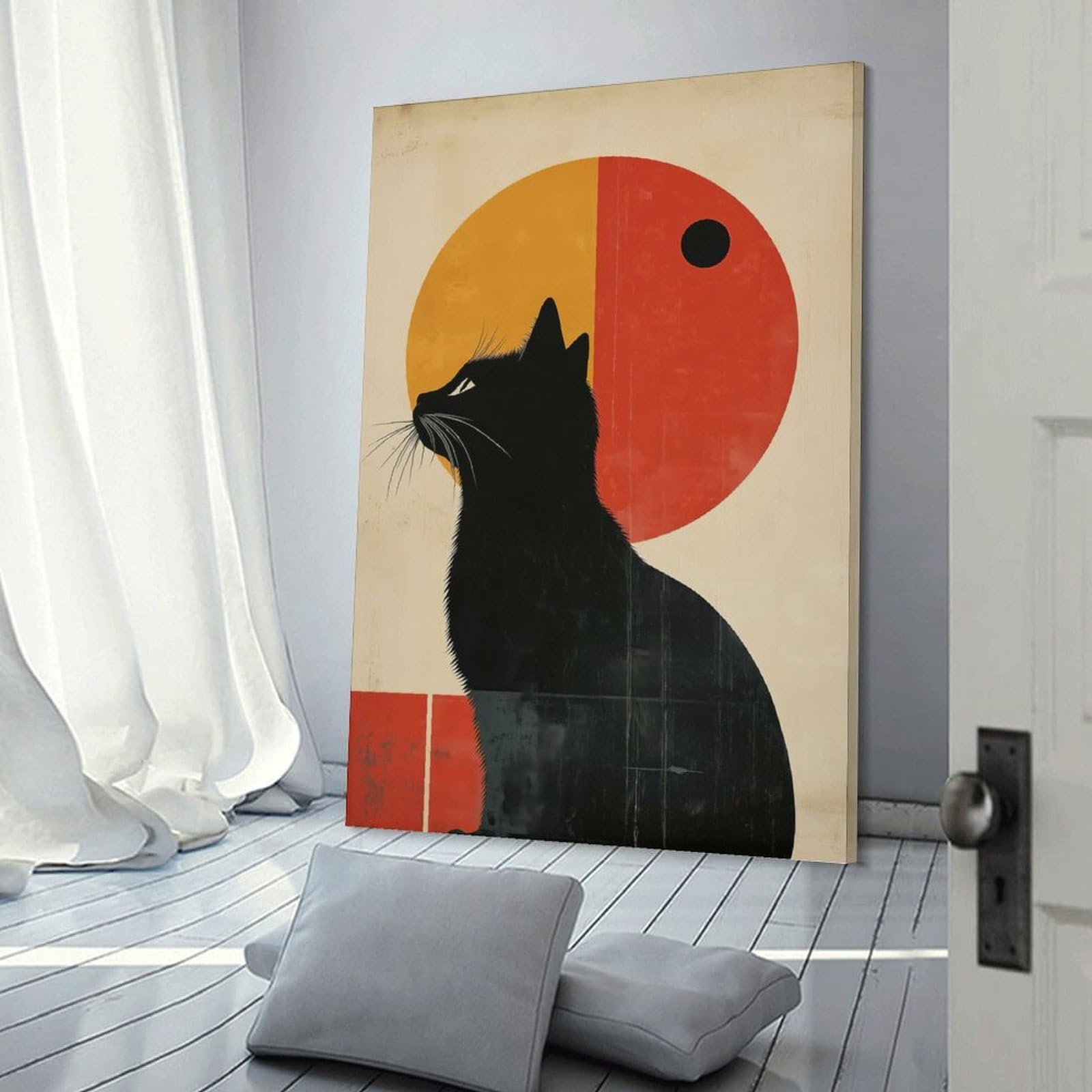 Junmoney Wall Art Print Black Cat Minimalist Art, 24x36inch(60x90cm), for Hallway, Bedroom Or Modern Interiors, Thoughtful Wall Decor for Art Lovers