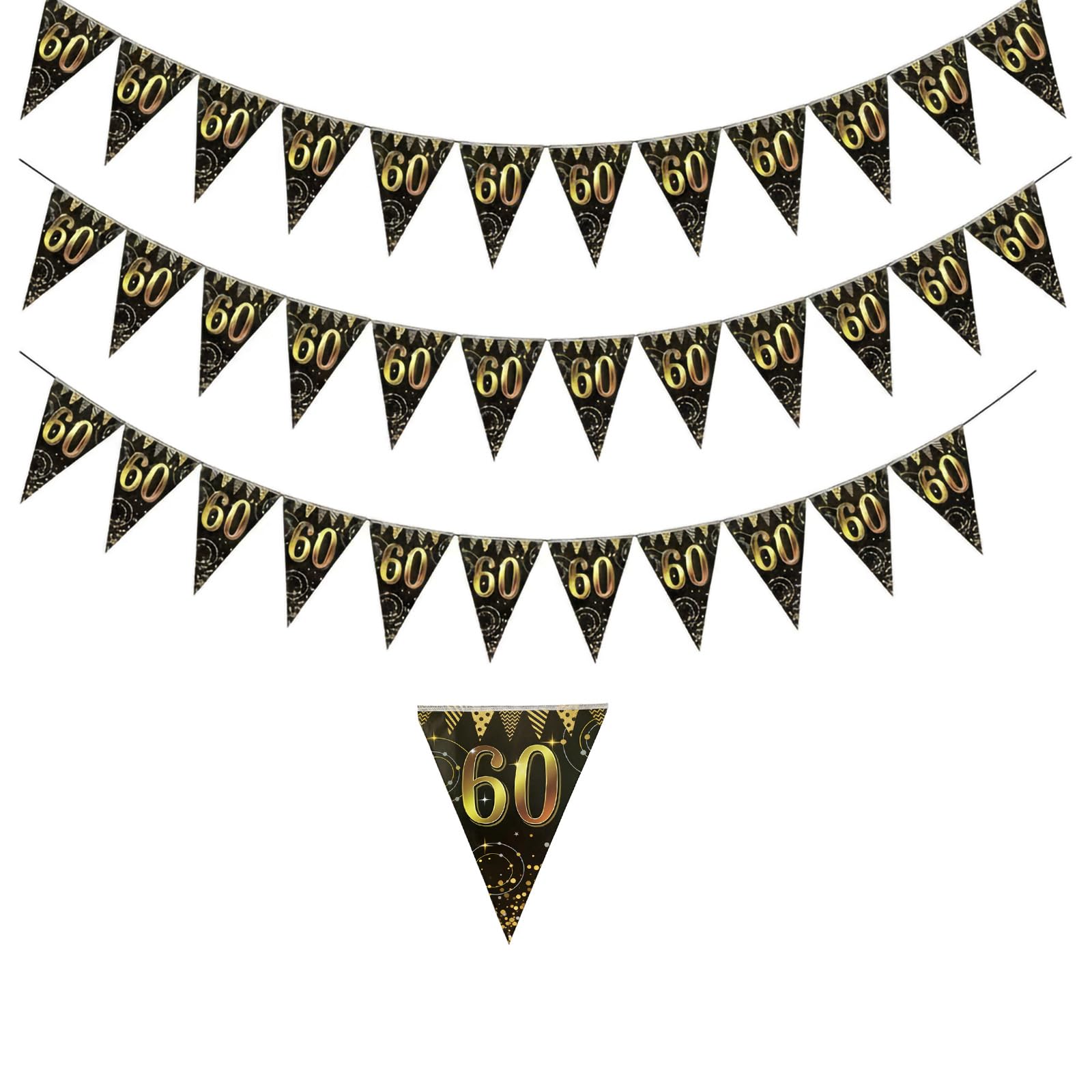Cuixia 36 Pcs 60th Birthday Banners, Happy Birthday Banner, 60th Anniversary Decorations Strips Black Gold Party Bunting for Anniversary Party Decorations Supplies