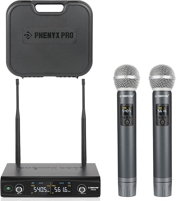 Phenyx Pro UHF Wireless Handheld Microphone System, 30 Adjustable Frequency Cordless Mic Sets with Case, All Metal Build, 200ft Coverage, Ideal for Home Karaoke, Weddings, DJ, Church (PTU-52)