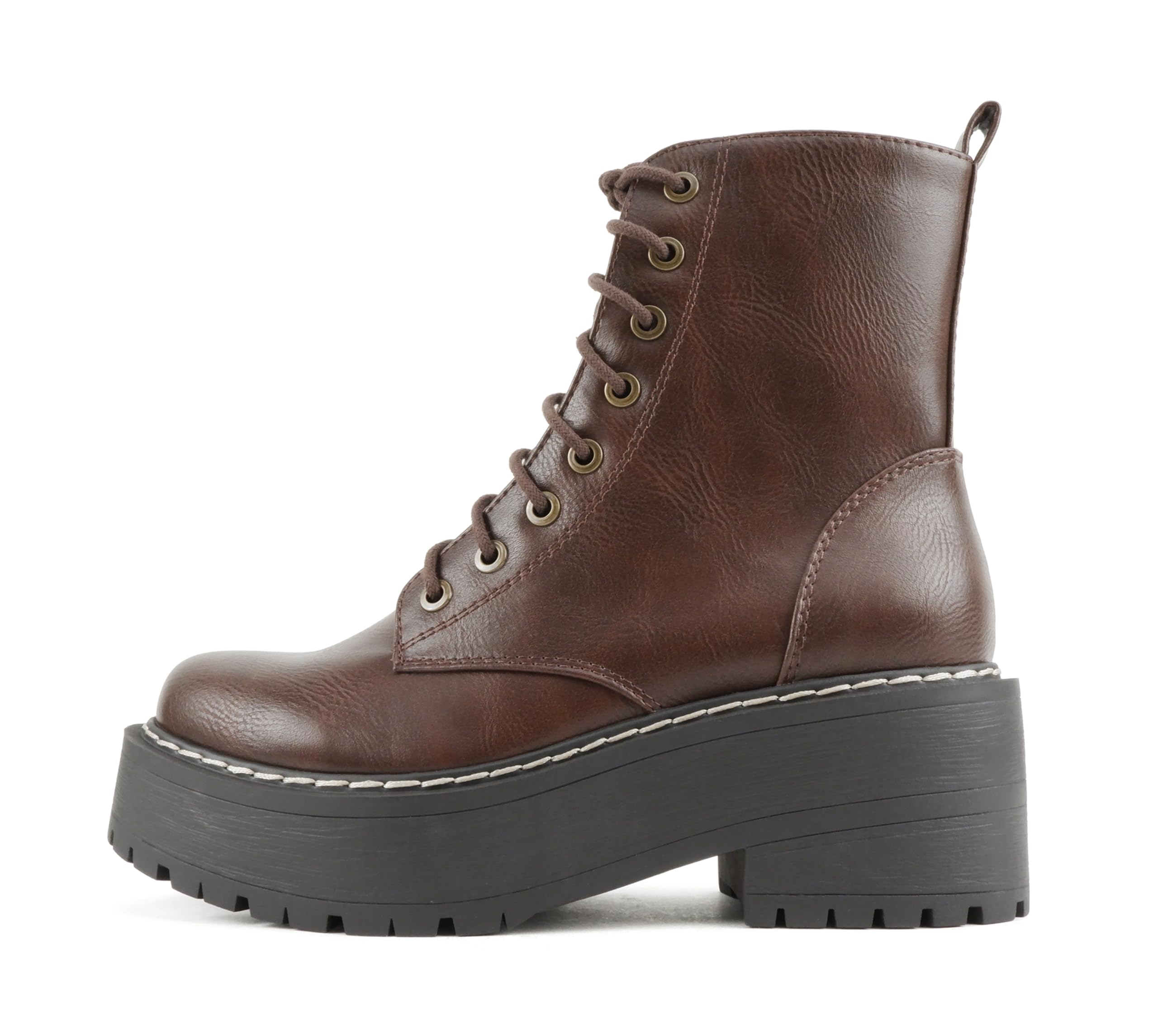 FLING Women Chunky Lug Sole Lace up Fashion Combat Ankle Boot w/Side Zipper