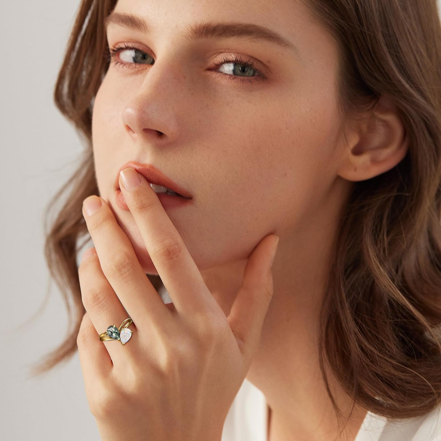 2.5ct Pear Cut Engagement Ring 925 Sterling Silver Toi et Moi Ring Created Emerald/Natural Moss Agate&Lab Created Labradorite/Opal Ring Wedding Band Valentine Gift Width 2mm Size 5-9