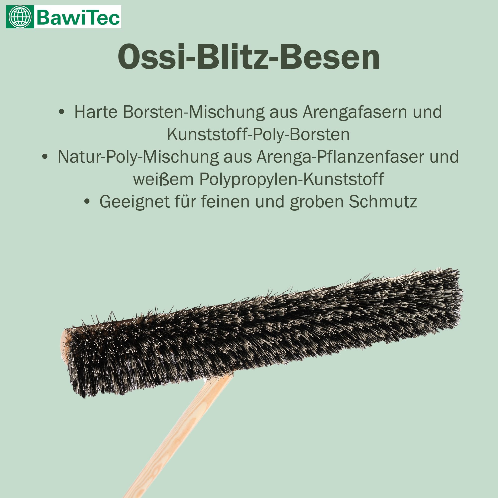 BawiTec OssiBlitz-Mix Straßenbesen, 80cm Besenbreite, Besen mit Stiel | Stiel 160cm Länge Ø2,8cm, Harte Arenga Borsten-Mischung, Robuste Borsten, Kehrbesen für Draußen