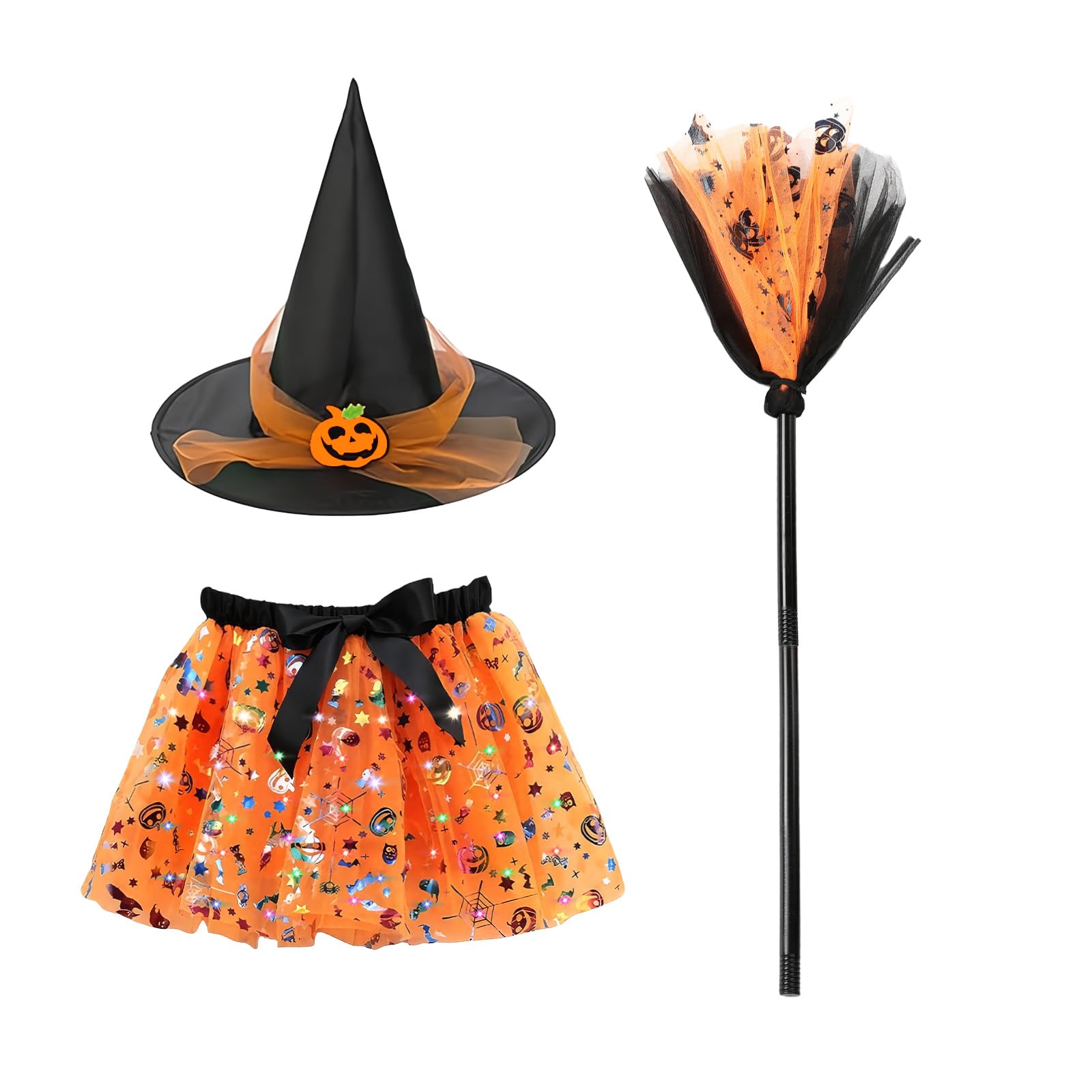 23GUANYI Witch Costume Kids Halloween Costumes, Girls Witch Costume with Light Up Tutu Skirt Broom Witches Hat Halloween Outfits for Girls Carnival Dress up Cosplay Party