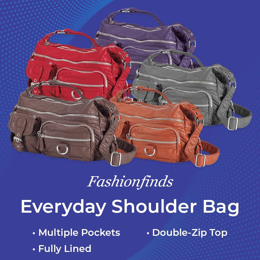 Vegan Leather Bag w/Multiple Pockets, Double-Zip Top, Lined Compartments - Adjustable Buckle Strap, Reinforced Bottom