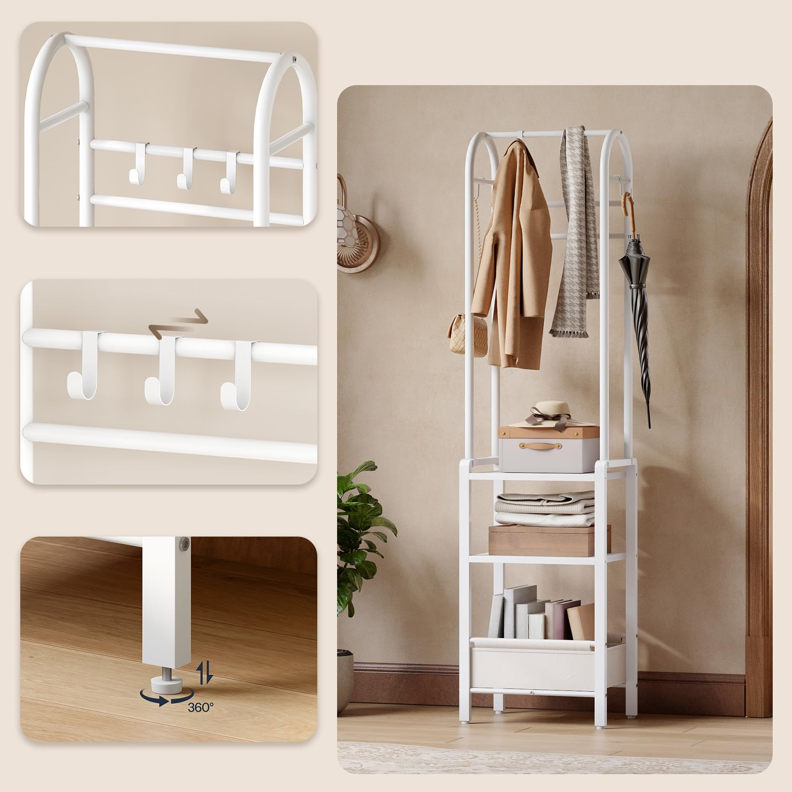 HOOBRO Portant à Vêtements sur Pied, 40 x 30 x 180,5 cm, avec 2 Étagères de Rangement, 1 Panier en Tissu, 3 Crochets Mobiles et 2 Barres à Vêtements, pour Vestibule, Salon, Couloir, Blanc EWW03YM01