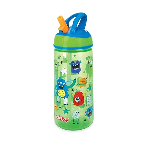 Miniatura 8 de Nuby Paquete de 2 botellas de agua impresas de PP iridiscentes Flip-it Kids On-The-Go con popote duro a prueba de mordeduras, 18 onzas, más de 18