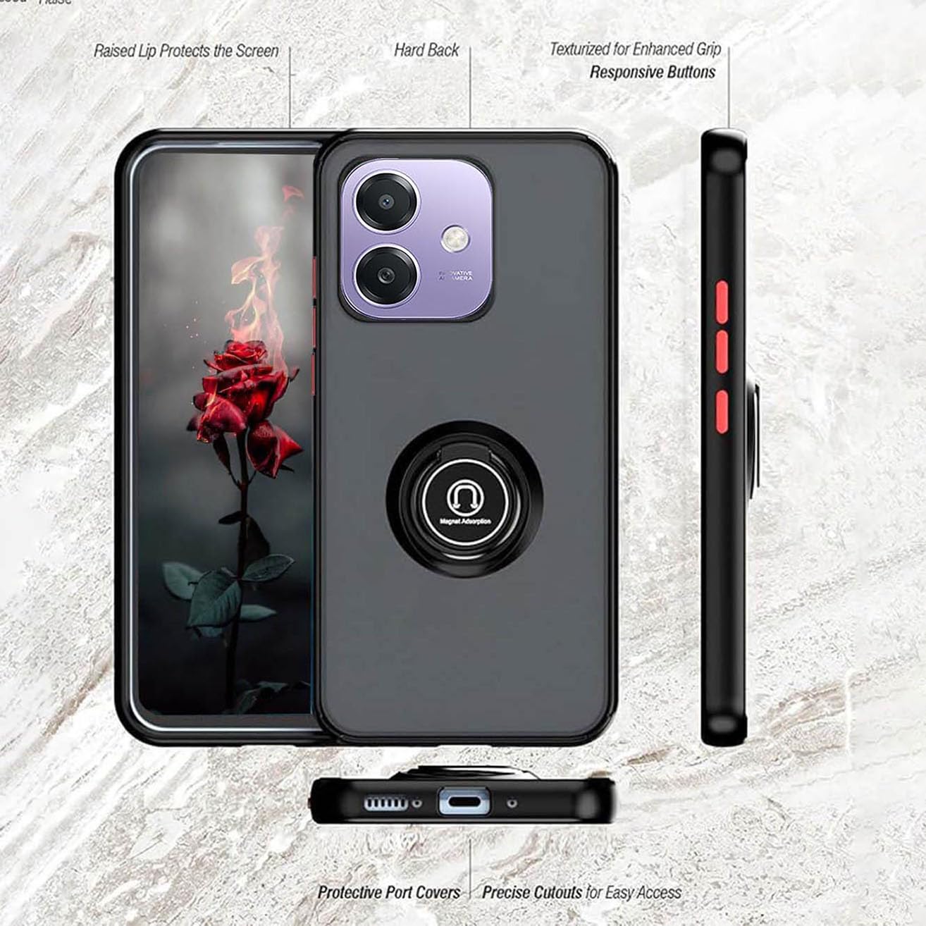 YUEQIAN Cover per OPPO A40 4G / OPPO A40m, Ultra Sottile Glassata Traslucida Duro PC + TPU AntiGraffio Case, con 360° Anello Supporto Bumper Antiurto Custodia, Army Gree