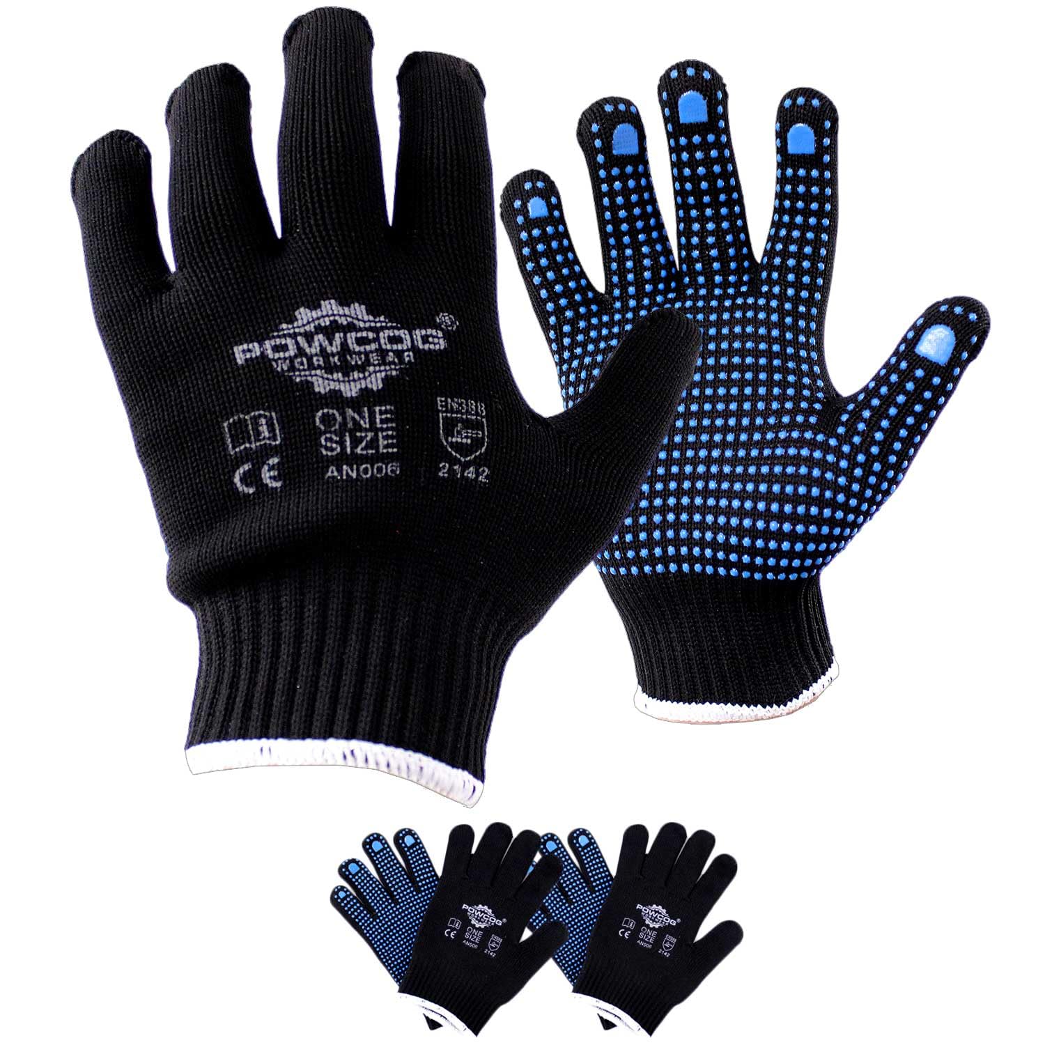 POWCOG Grip Gloves, Seamless Lightweight Black Washable 10-Gauge Nylon with Blue PVC Gripper Dots for Gardening, Work, Warehouse, Shelf Filling, One Size Fits All