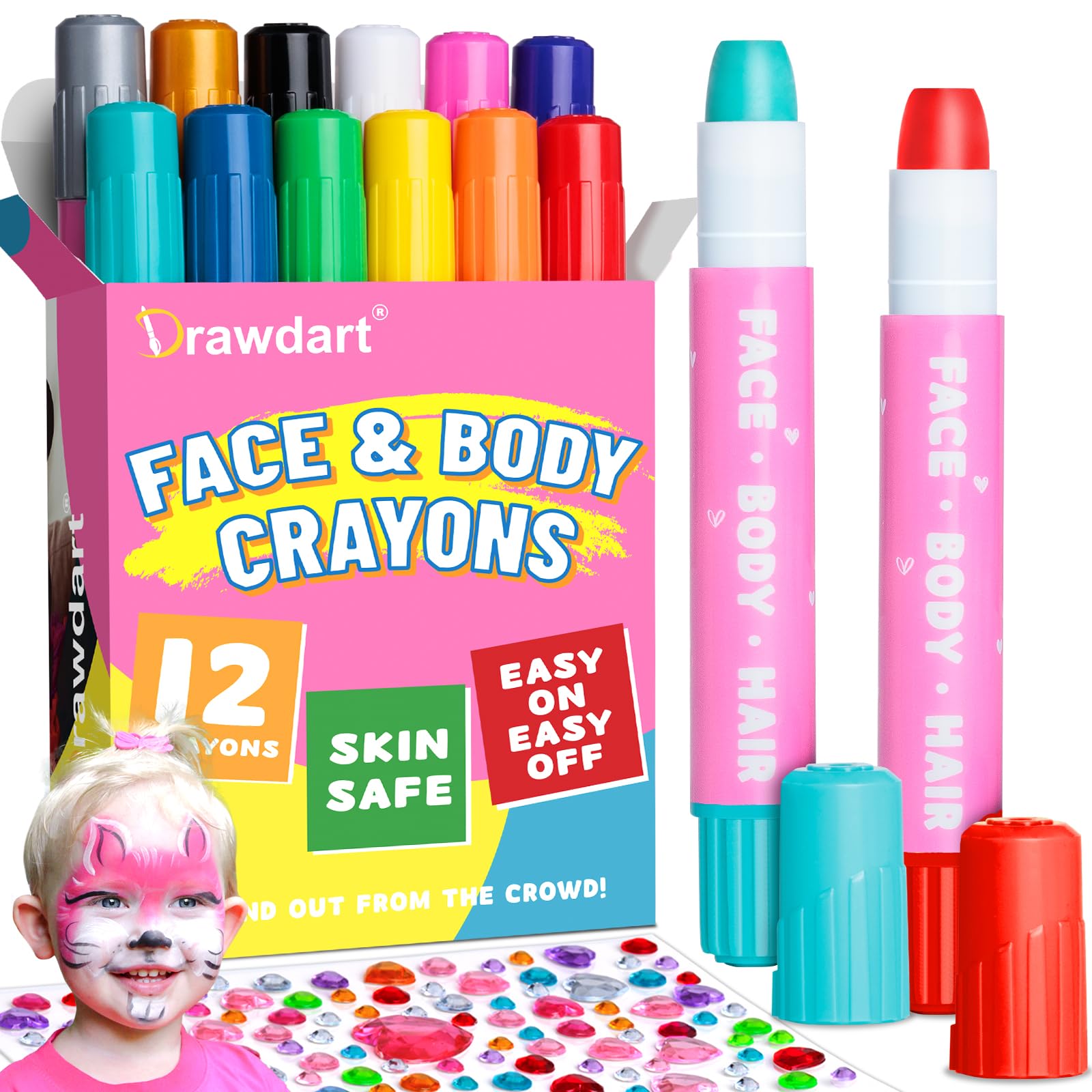 Drawdart Face Painting Kit for Kids- 12 Vibrant Colors Face Paint Crayons- Safe and Washable Face Paint Sticks for Adults Kids Party, Halloween, Birthday Makeup