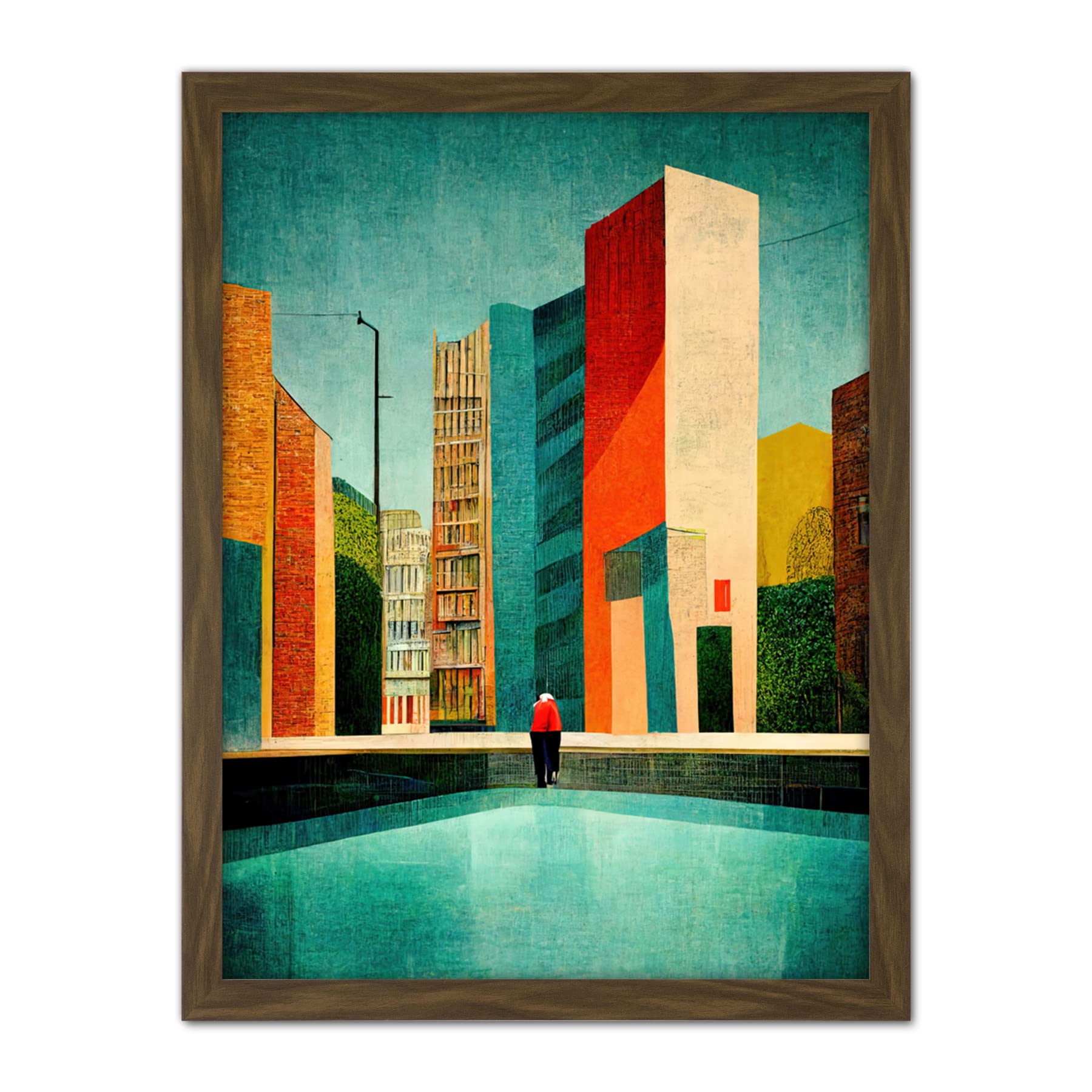 Wee Blue Coo Midcentury Style Cityscape Skyline Painting Orange Teal Ochre Artwork Framed Wall Art Print 18X24 Inch