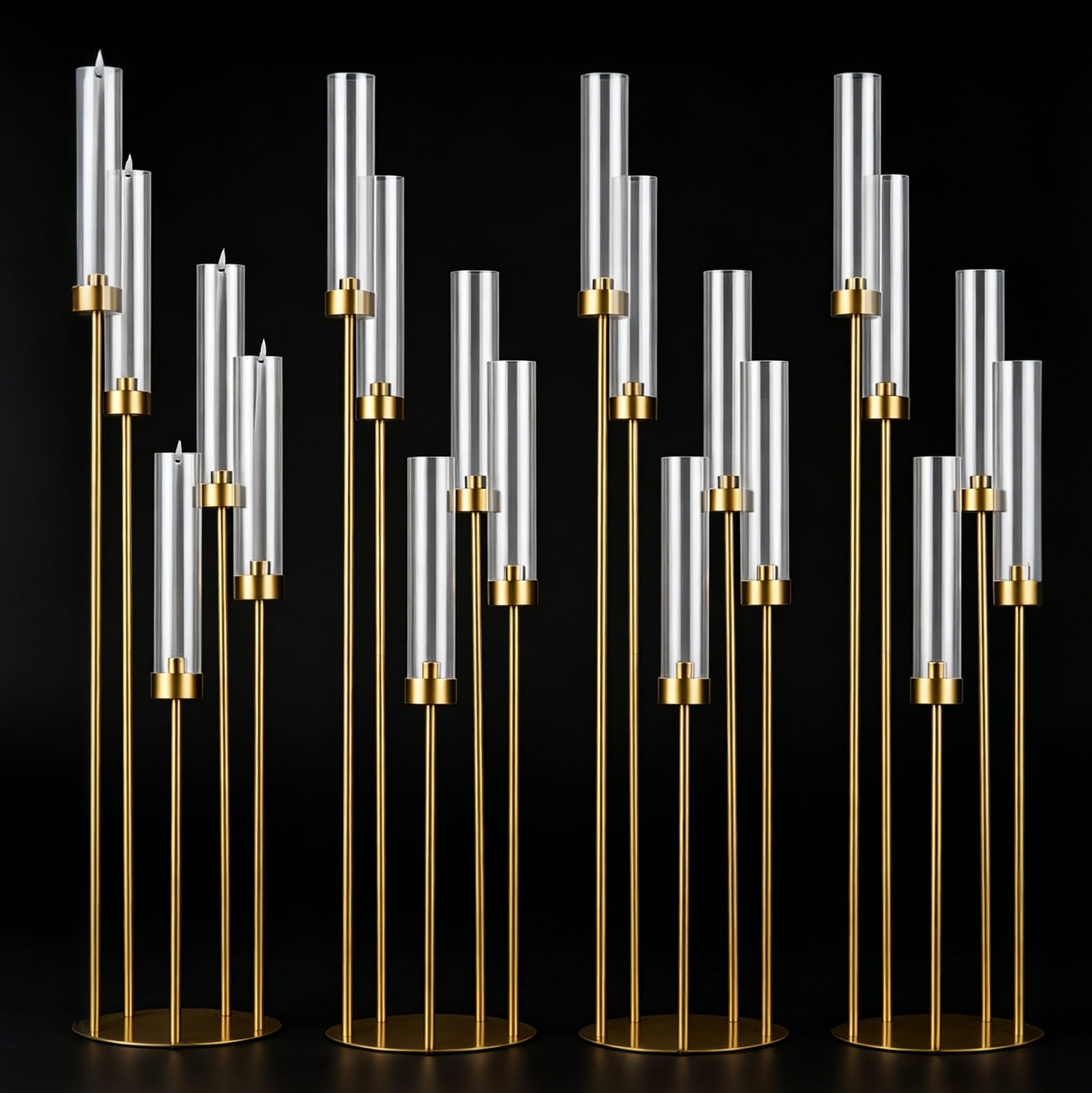 Set di 4 Candelieri in Metallo a 5 Bracci, Altezza 66-106 cm | con Paralume in Acrilico, Ideali per Matrimoni, Decorazioni per la Casa (compatibili con candele a LED)