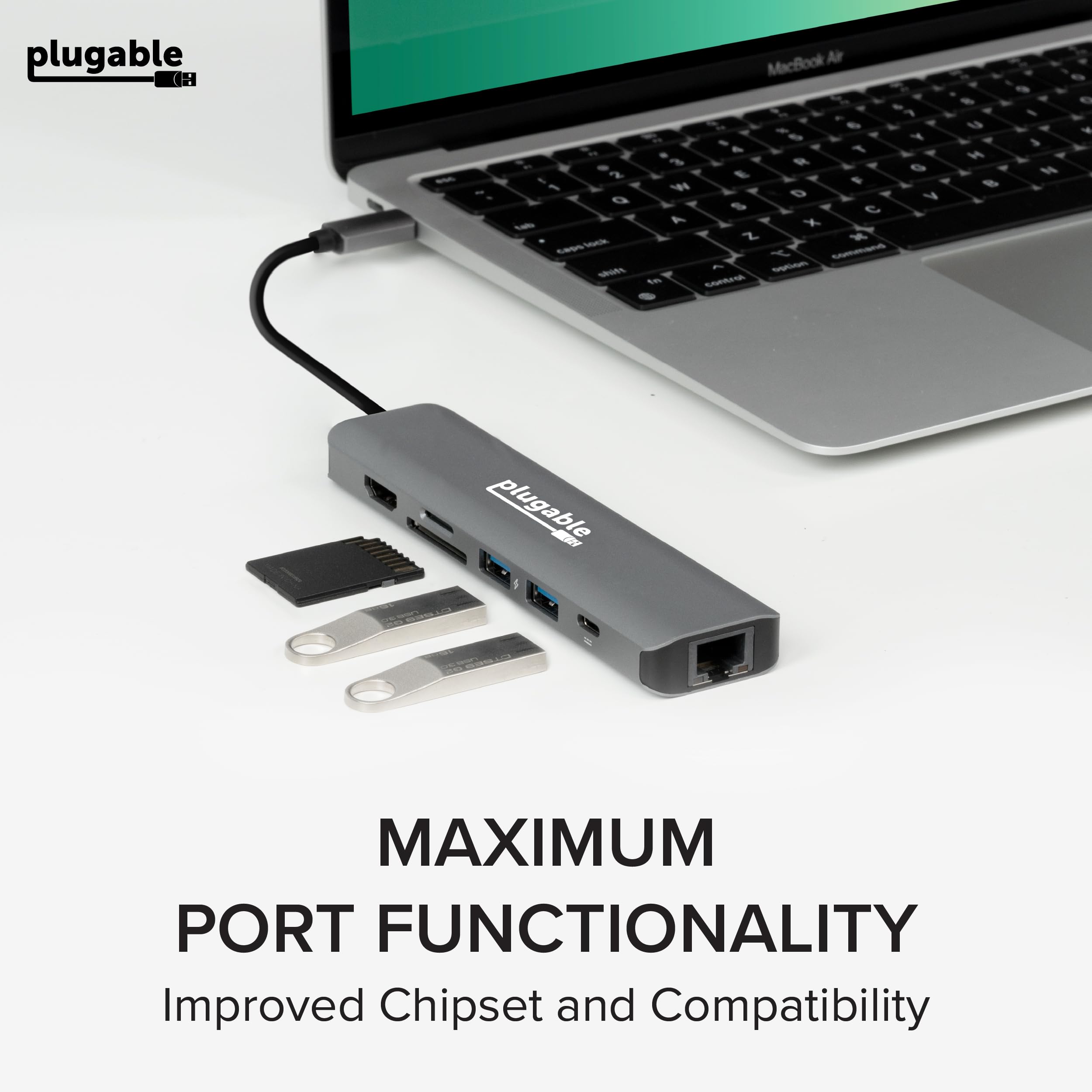 Plugable 7 en 1 Hub USB C Adaptateur Multiport avec Ethernet Compatible avec Mac, Windows, Chromebook, Dell XPS et Thunderbolt 3 (87W Charge, Gigabit Ethernet, 4K HDMI, 2X USB, SD/microSD)