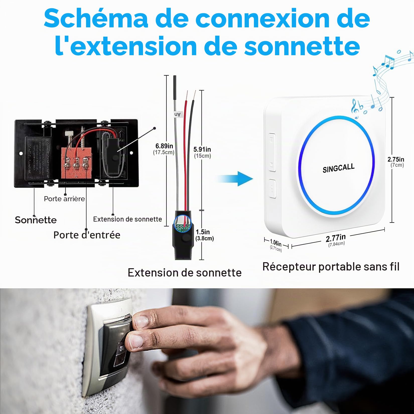 SINGCALL Transfert de Signal Radio Extension de Sonnette sans fil Convertir Sonnette Câblée en Sonnette sans fil 32 Mélodies 5 Volume Réglable pour Maison/Garage 1 Récepteur Portable 1 Émetteur