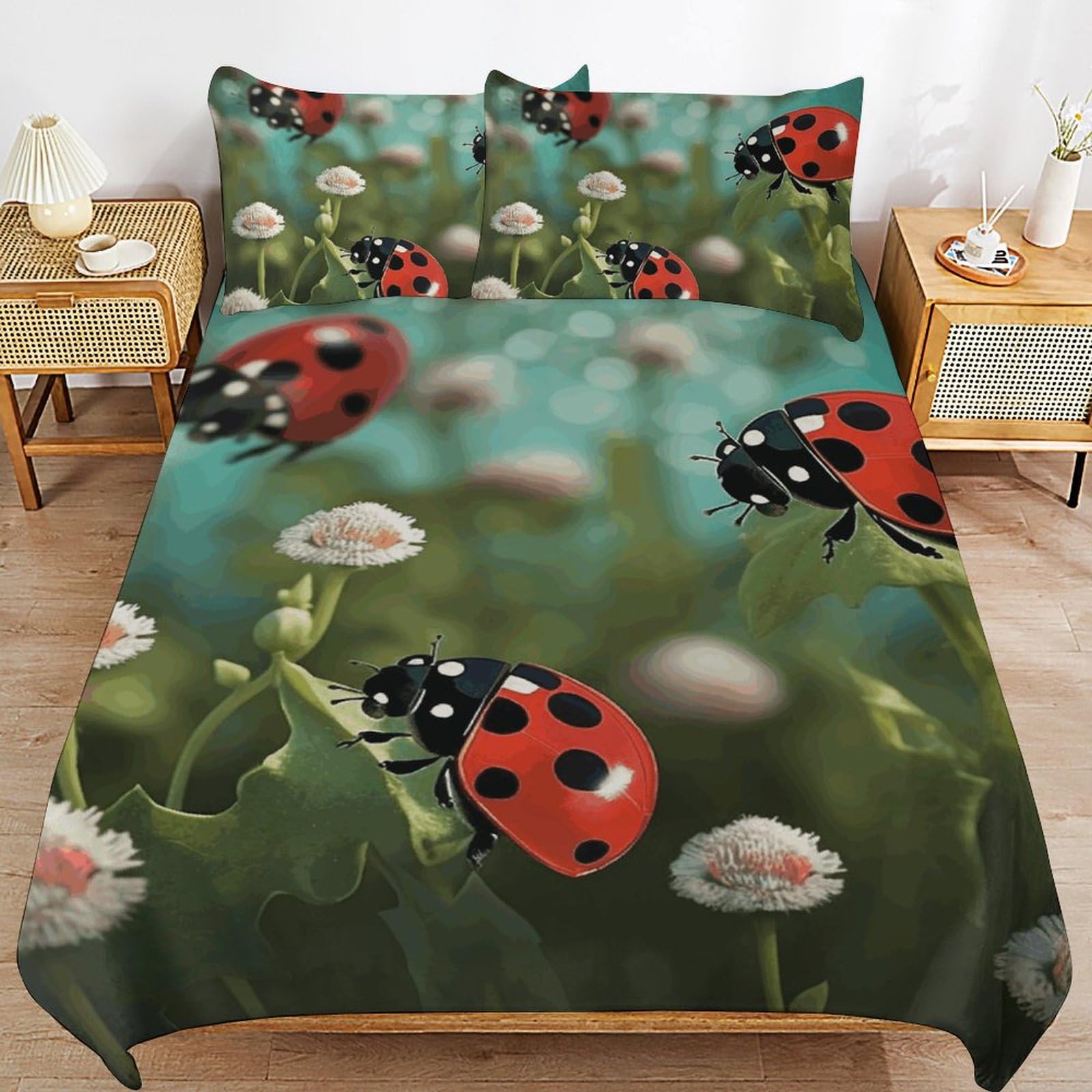 Set di biancheria da letto 3 pezzi, ultra morbido, con copriletto con paesaggio coccinella + 2 federe, leggero copripiumino double-face per casa/hotel/regali, 259 x 228,6 cm