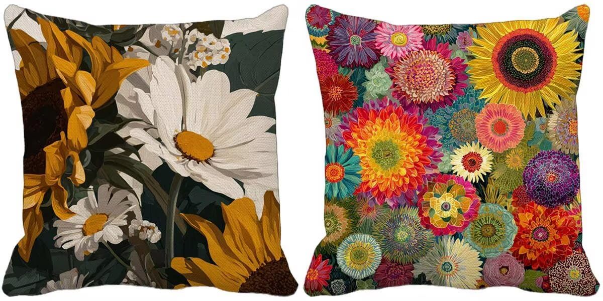 Outdoor Kissen Wetterfest 55x55 2er Set Retro Kissenbezug Blume Quadrat Leinen Dekokissen Sofakissen für Schlafzimmer Wohnzimmer Sommer Herbst Outdoor Gartenmöbel Terrasse Bank Deko Geschenks g8-2150a