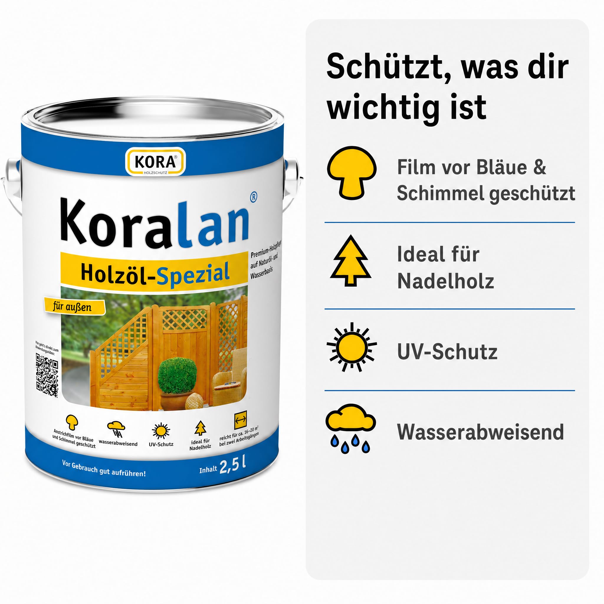 KORA® Koralan® Holzöl-Spezial außen – Premium Holzöl ideal für Nadelholz, z. B. Terrassen, Gartenmöbel & Holzfassaden – UV-Schutz, wetterfest, Schutz vor Vergrauung (Eiche hell, 10L)