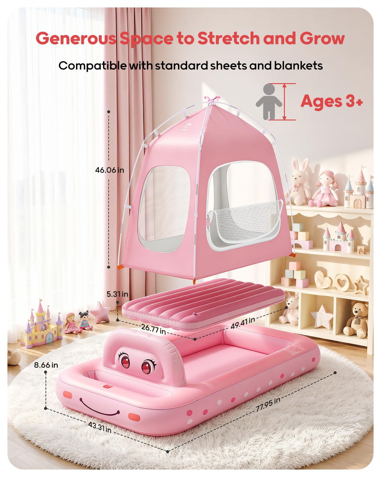 QPAU - Cama Inflable de Viaje para niños pequeños con Tienda de campaña, Color Rosa