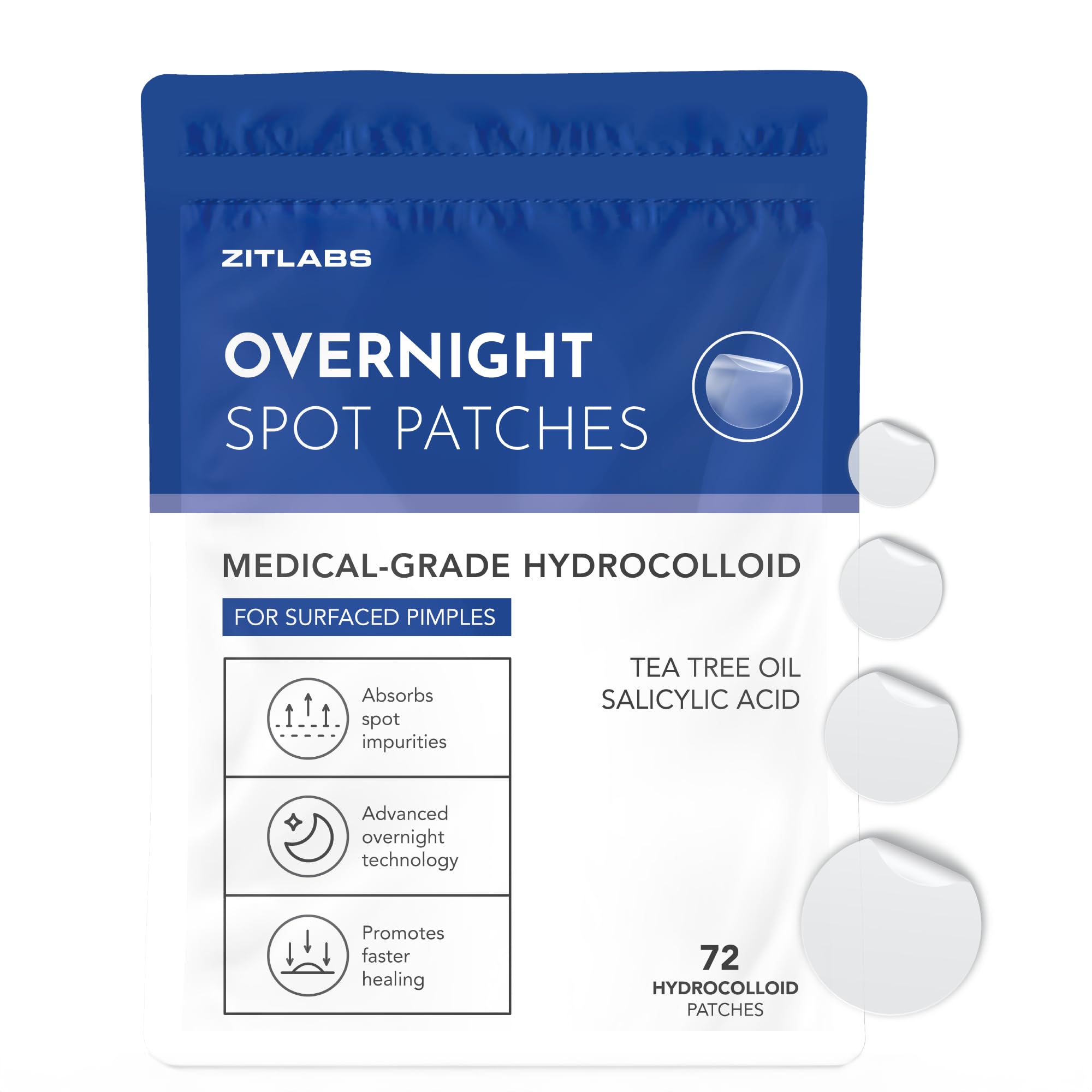 Pimple Patches for Face | Hydrocolloid Acne Patches with Tea Tree Oil & Salicylic Acid | For Zits, Blemishes, Breakouts | Medical-Grade Hydrocolloid | Overnight PM Patches | Pack of 72