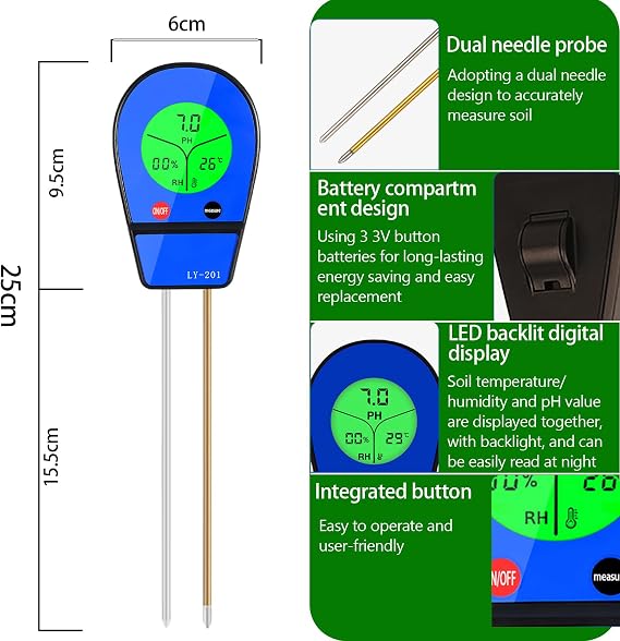 Digital Soil Tester 3 in 1 Soil Meter PH Meter Moisture Fertility Moisture Meter Dual Sample System with LCD Display for Plants Gardening Lawn Garden Agriculture