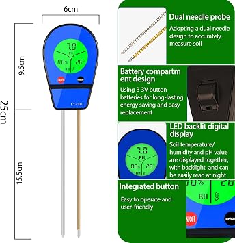 Digital Soil Tester 3 in 1 Soil Meter PH Meter Moisture Fertility Moisture Meter Dual Sample System with LCD Display for Plants Gardening Lawn Garden Agriculture