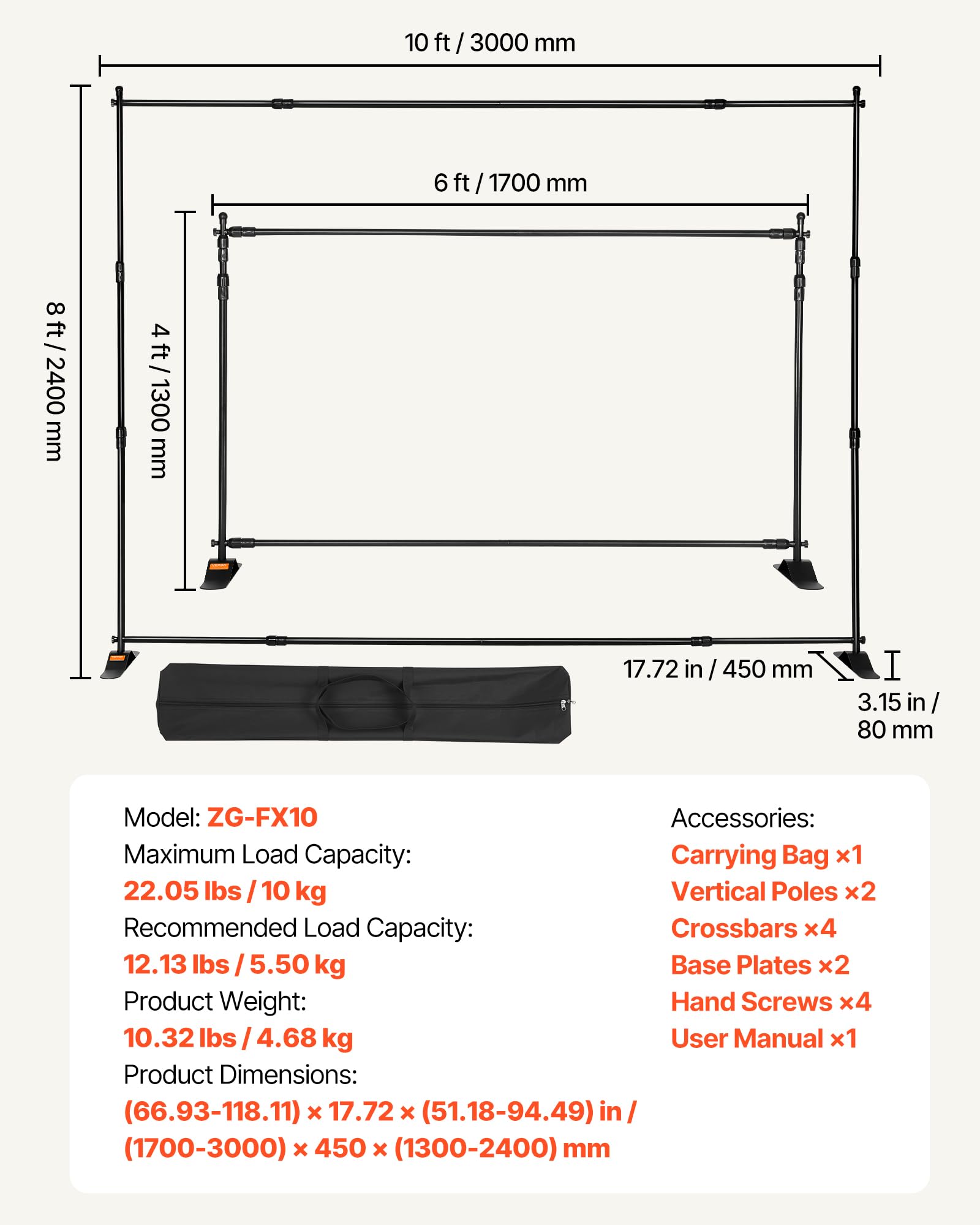 VEVOR Porte-Bannière 3 x 2,4 m Support Haute Qualité d'Affiche Panneau d'Affichage de Toile de Bannière Télescopique Réglable Portable pour Afficher Arrière Plan de Salon Foire d'Exposition Pubilicité