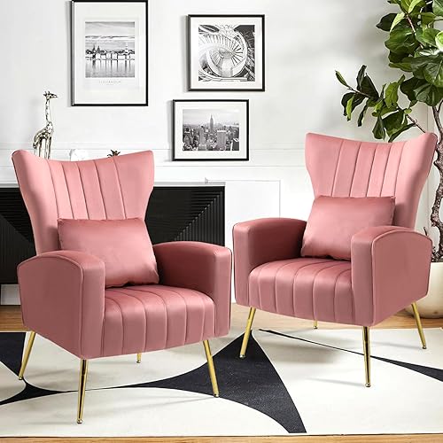 Miniatura 34 de Juego de 2 sillas de acento de terciopelo, silla de brazo de mediados de siglo con respaldo alto alado y abotonado, sillones para sala de estar y