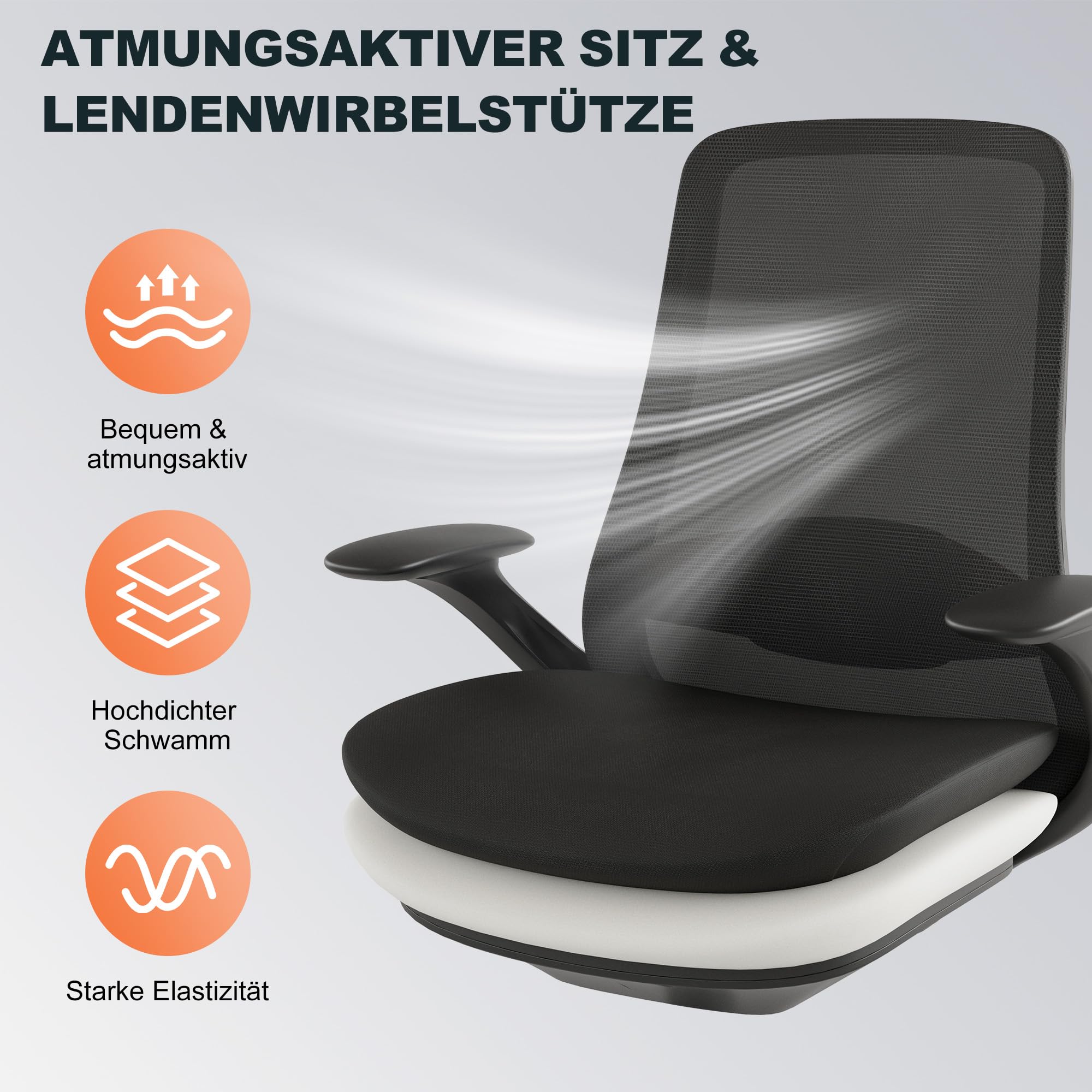 Bürostuhl Ergonomisch Schreibtischstuhl Drehstuhl Verstellbarer Armlehnen Lendenstütze gasdruckfeder bürostuhl liegefunktion 68.5cm Große Sitzfläche für Büro Home Office Chair Arbeitszimmer