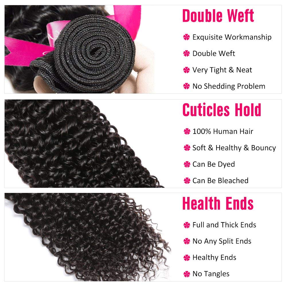 Extensions de cheveux humains bouclés avec fermeture 100 % cheveux humains brésiliens vierges non transformés avec fermeture de 10,2 x 10,2 cm, 30,5 cm, 40,6 cm + 25,4 cm, couleur noire naturelle