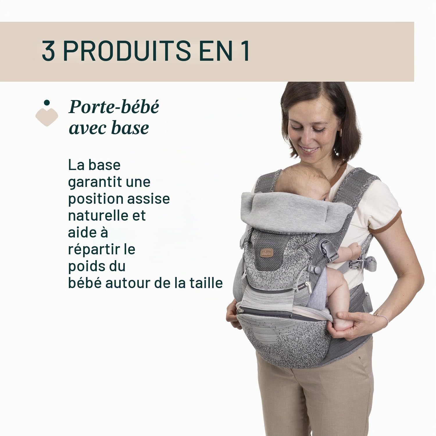 Chicco Airy Hip Fit Porte-bébé Ergonomique 3-en-1, Tissu Respirant, Support de Base Amovible pour Répartition du Poids,Positions Multiples : Face à la Maman, Face à l’Extérieur et Sac à Dos,0-15 kg