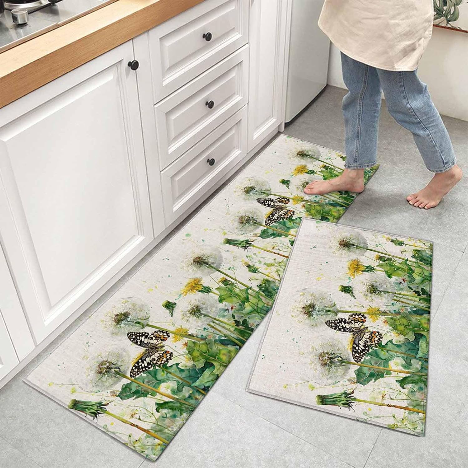 Kitchen Mats for Floor Watercolor Spring Flower Butterfly Washable Non Slip Kitchen Rugs 2PCS, Floral Leaves on Burlap Absorbent Standing Mats for Sink Office Living Room 15.7x23.6in+15.7x47.2in