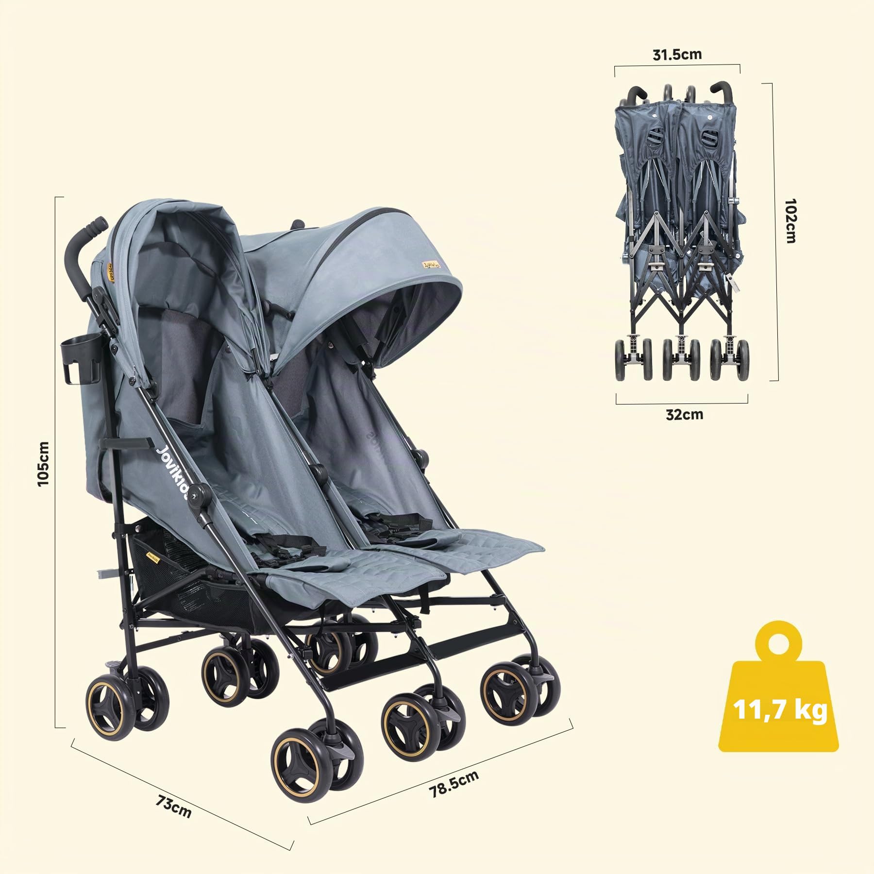 Jovikids Poussette double avec fonction allongée, pliable, avec pare-soleil, capote de pluie et porte-gobelet