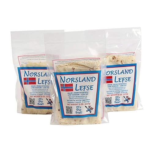 Norsland Auténtico pan plano noruego de papa Lefse – 3 paquetes (8 onzas cada uno, 6 piezas en total) | Sin conservantes | Perfecto para días