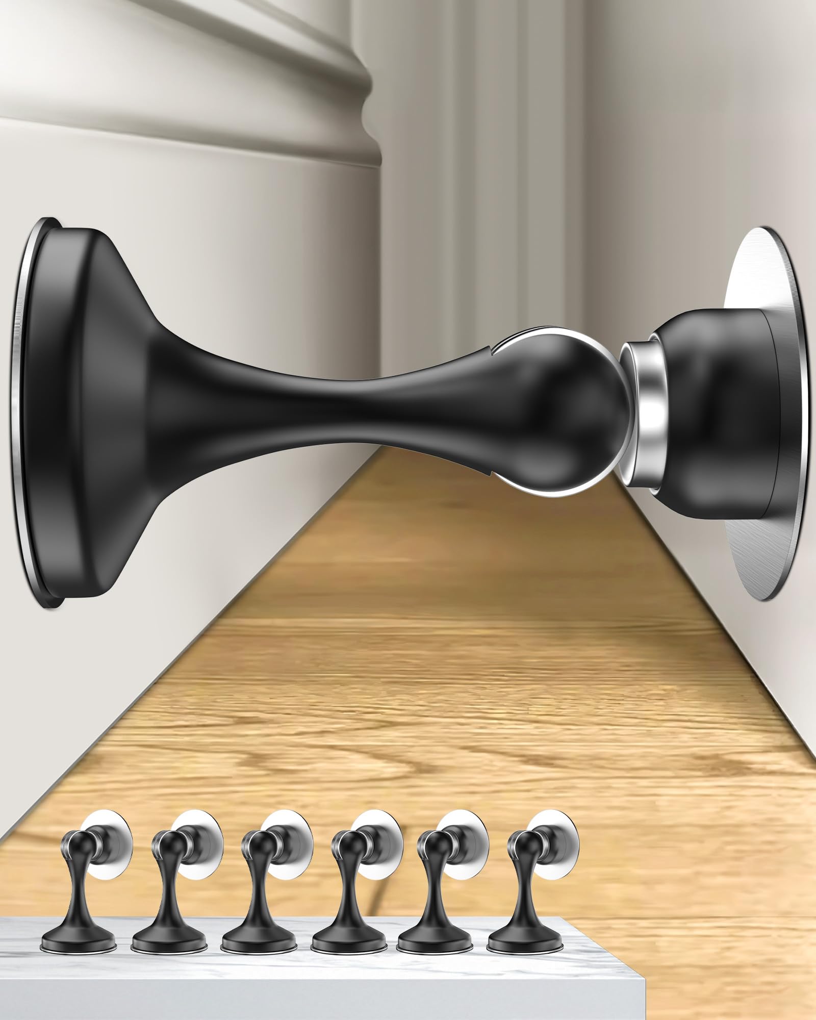 Crosize Magnetic Door Stoppers 6 Pack, Stainless Steel Door Stops for Wall and Floor Mounting, Door Holder Keep Door Open, No Drilling Door Stop with 3D Adhesive Tapes, Black โ image 1