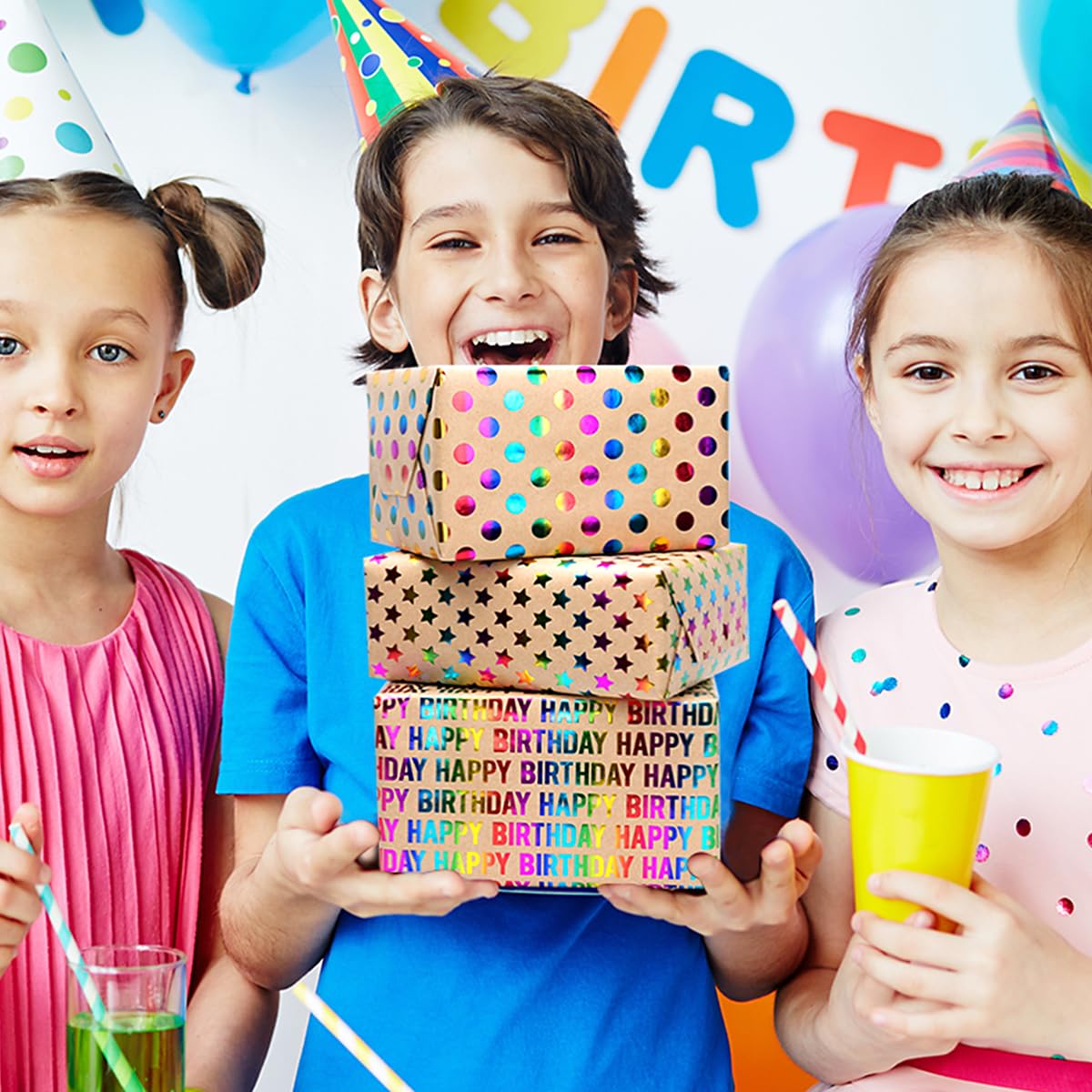 3 rollos de papel para envolver regalos de cumpleaños, 43 cm x 3 m, reciclable, con estampado de lunares y estrellas "Feliz Cumpleaños", ideal para cumpleaños, fiestas, bodas y festivales
