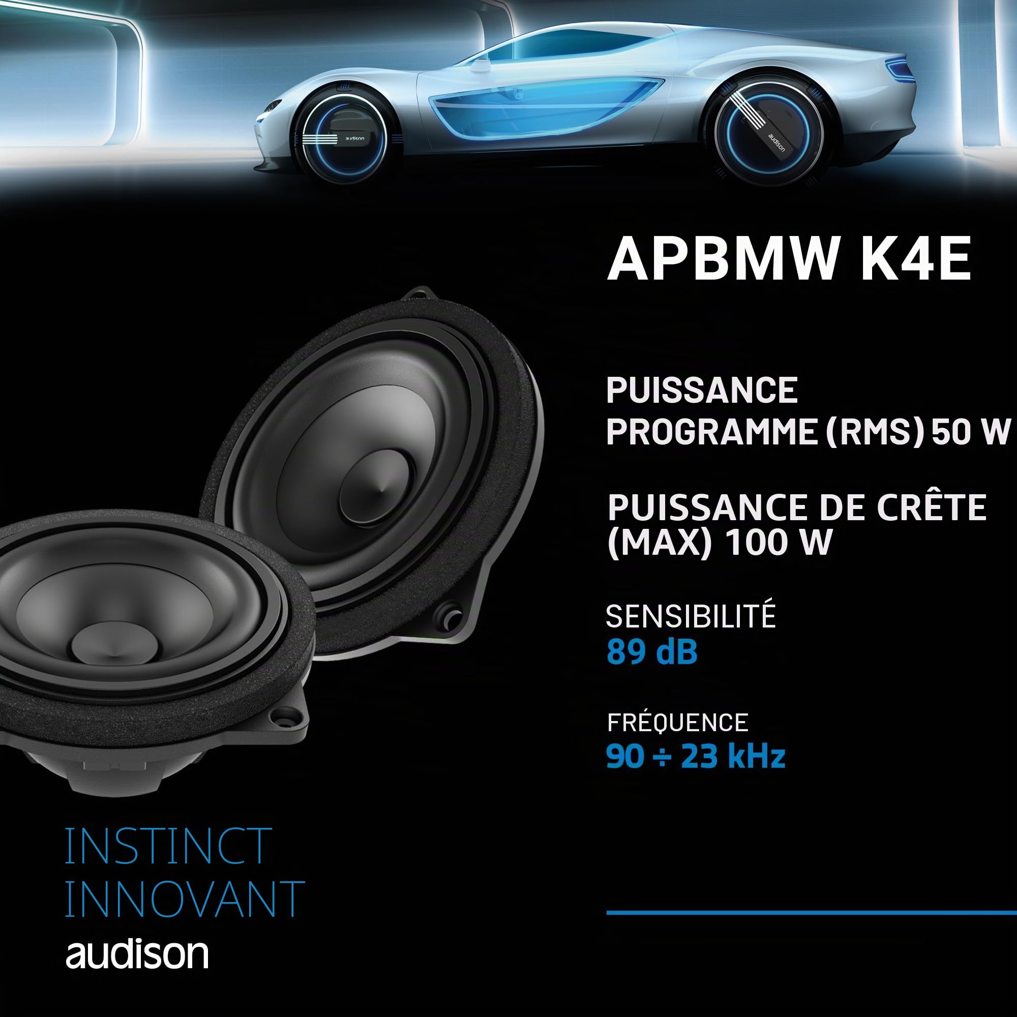 Audison APBMW K4E – Kit 2 Voies Plug & Play BMW/Mini, Tweeter 25 mm, médium 100 mm, Filtre et Accessoires Inclus, 100W Max, Large Basket