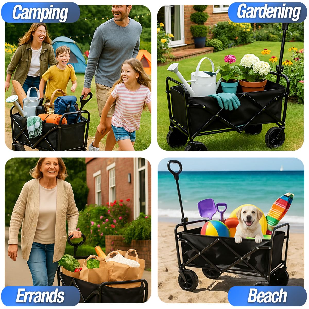 STARLYF Carrello Pieghevole Multiuso ad Alta Resistenza (Fino a 100 kg) – Carretto da Giardino con Ruote a 360° e Manico Telescopico – Design Compatto per Campeggio, Spiaggia e Spesa