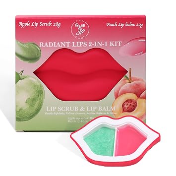 2 in 1 Lip Care Kit with Apple Lip Scrub Exfoliator 28g and Peach Balm Moisturizer 20g Intense Hydration Set for Dry, Chapped, Cracked Lips 48g