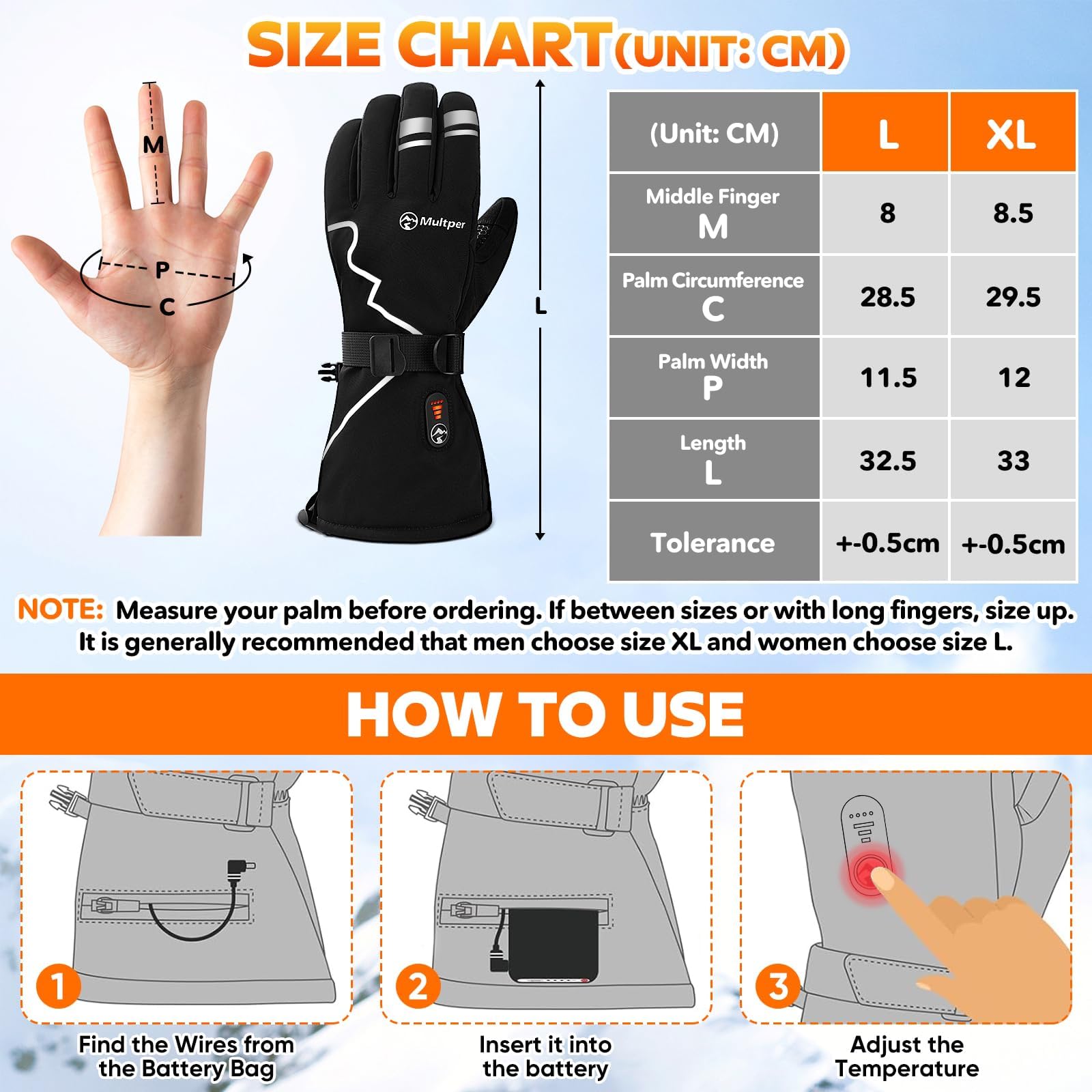 Multper Gants Chauffants Hommes Femmes, Gant Chauffant avec 7.4V 3000mAh × 2, 3 Niveaux de Chauffage, Imperméables, Écran Tactile, Gant Moto, Gant Hiver pour Hiver, Ski, Randonnée, Cadeau Homme