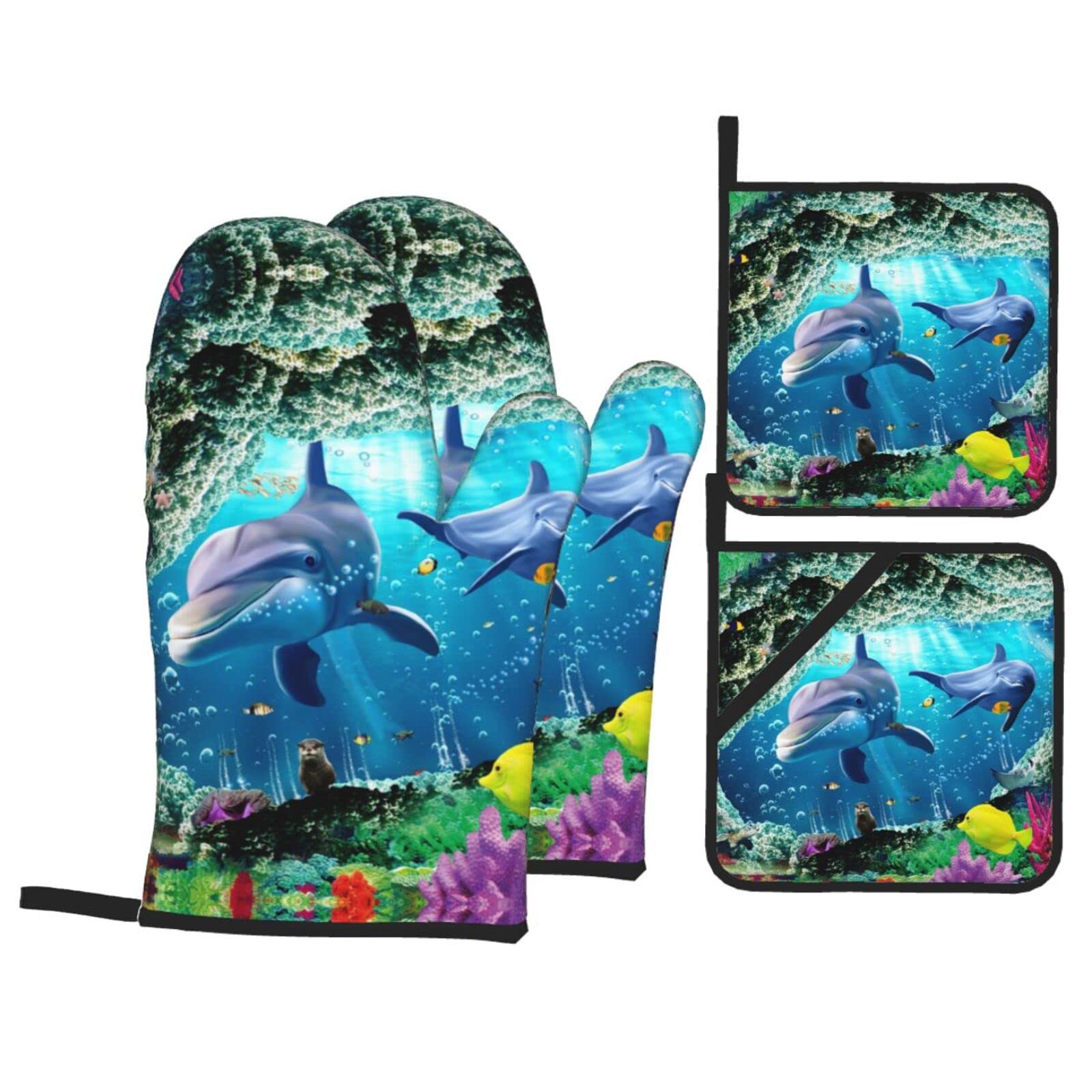 Ocean Underwater Dolphin Fish Oven Mitt and Pot Holder 4-Piece Set for Kitchen, Outdoor Grill, Baking
