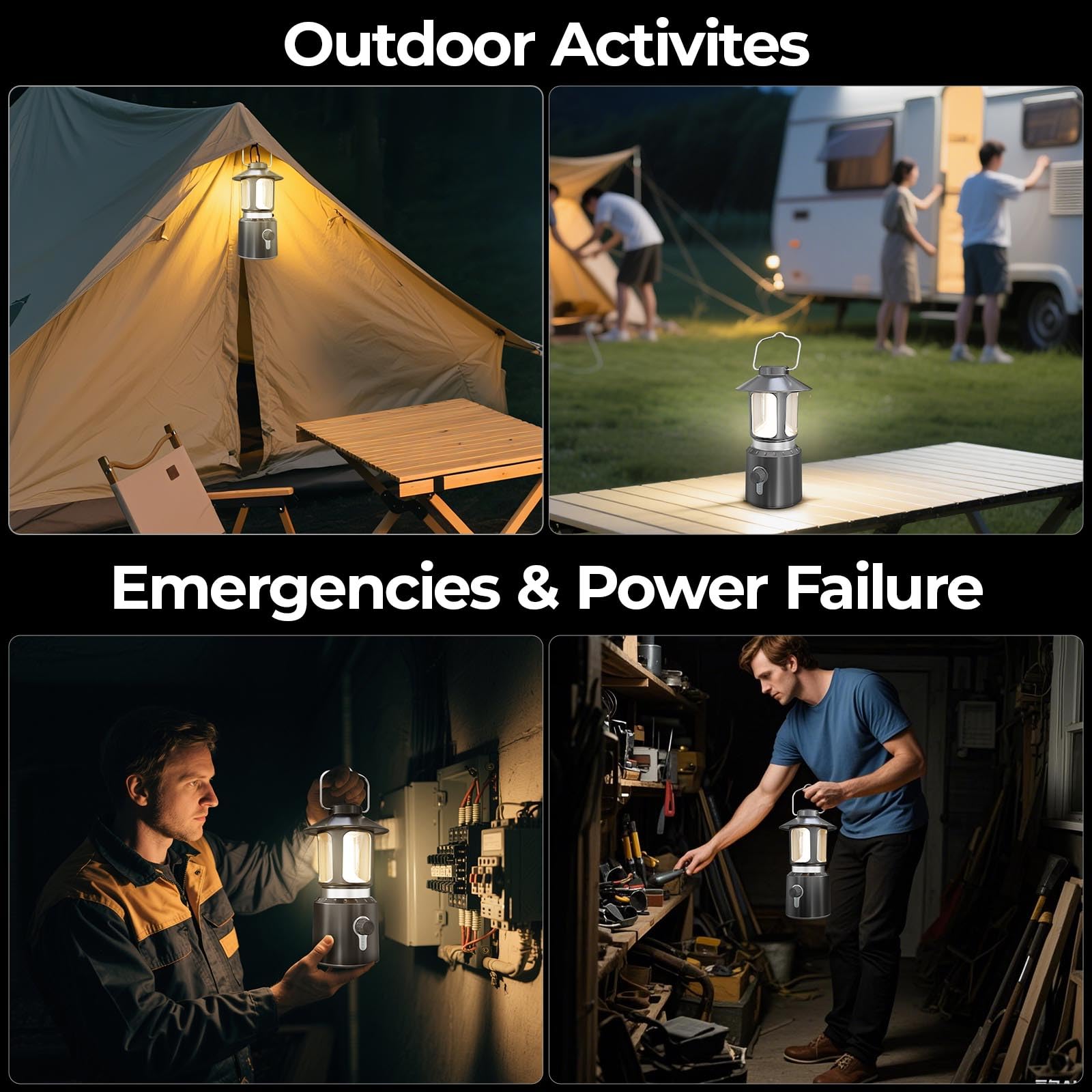 Linterna de camping recargable, 8000 mAh, funciona con pilas, luces LED de camping con 3 modos de luz (2000-6500 K), linternas telescópicas para cortes de energía, huracanes, senderismo, emergencia