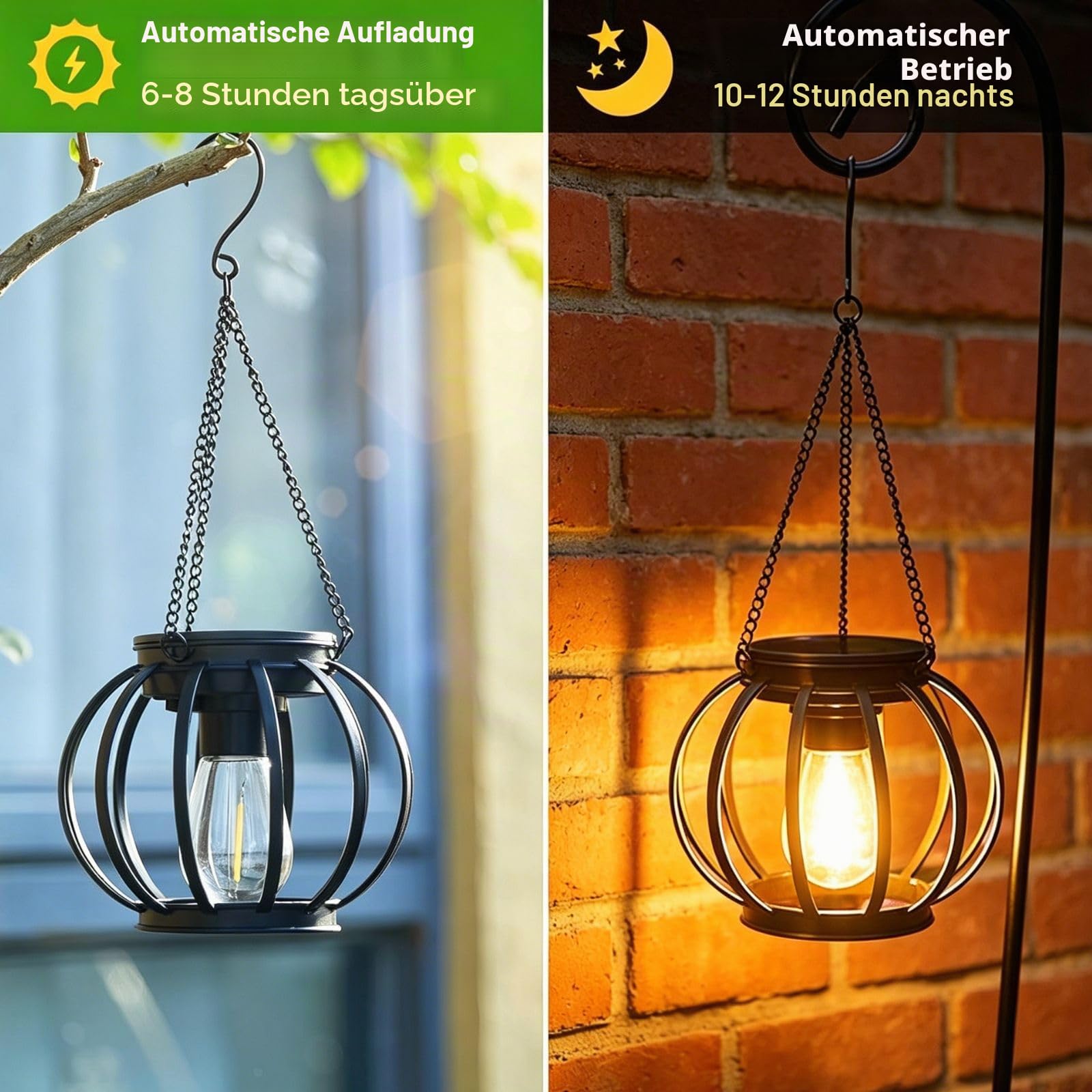 Solarlampen für Außen Hängend, 2026 Neue 4 Metall Solar Laternen für Draußen mit Größer LED-Glühbirne, IP65 Wasserdicht Solarleuchten Gartendeko mit Haken und Kette für Terrasse Rasen Balkon Hof