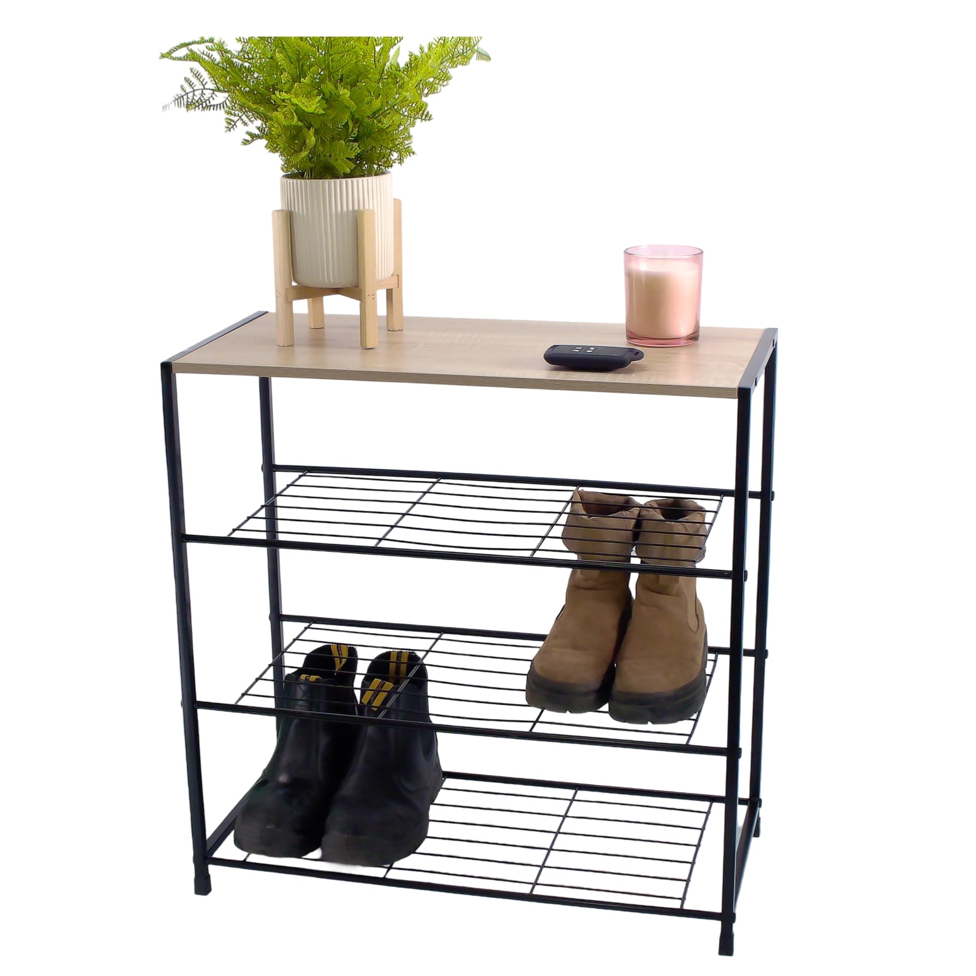 Dylex Black 4-Tier Shoe Rack, Freestanding Shoe Storage Organiser With Metal Frame And Oak Finish Top, Shoe Rack For Entryway, Bedroom, Hallway.