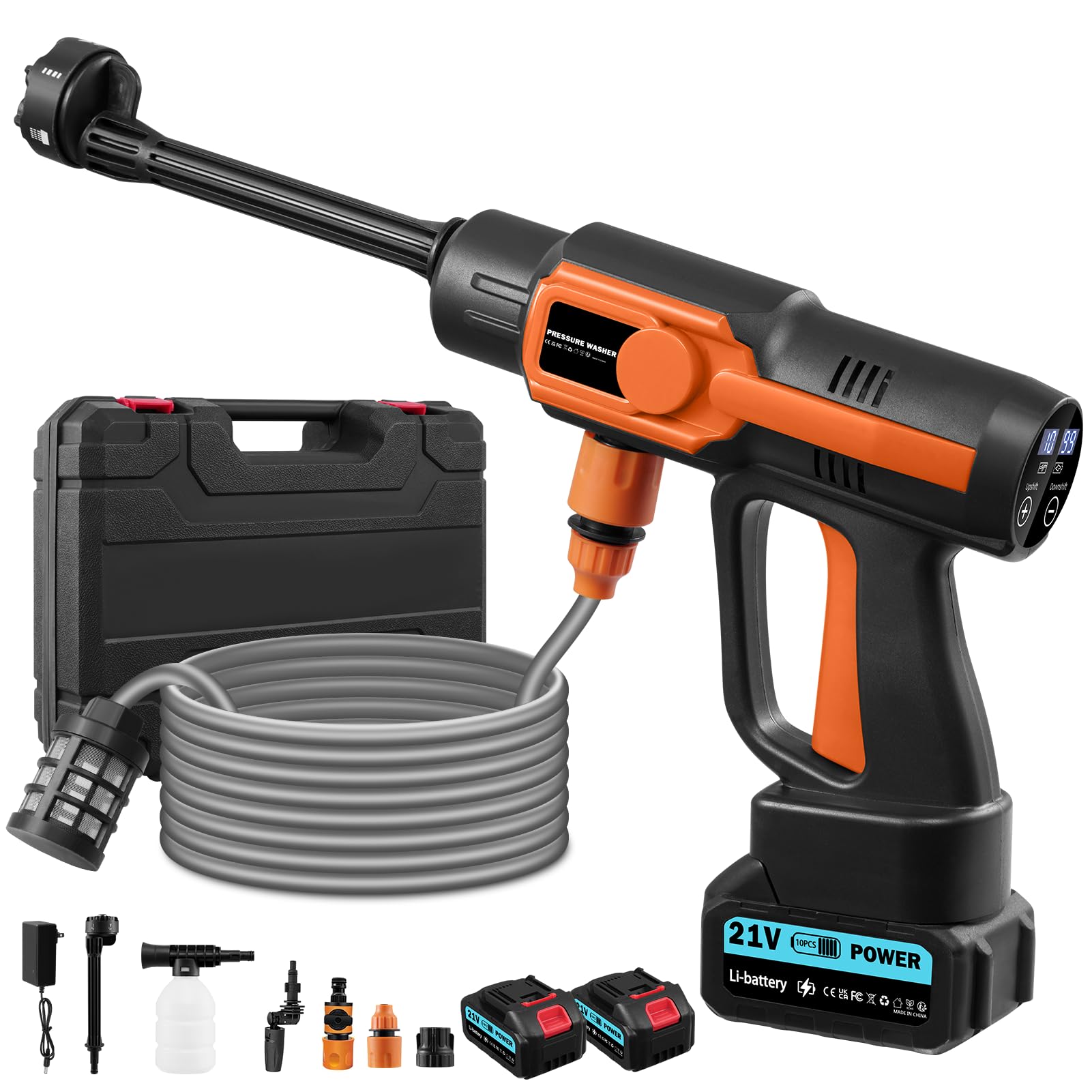 Cordless Pressure Washer 21V, 120Bar Portable Power Washer with 6 in 1 Nozzle&10 Speed Adjustable&LCD Display, 2×3.0Ah Battery Jet Washers/pressure washers, 5M Hose Car Washer for Patio Garden Floor