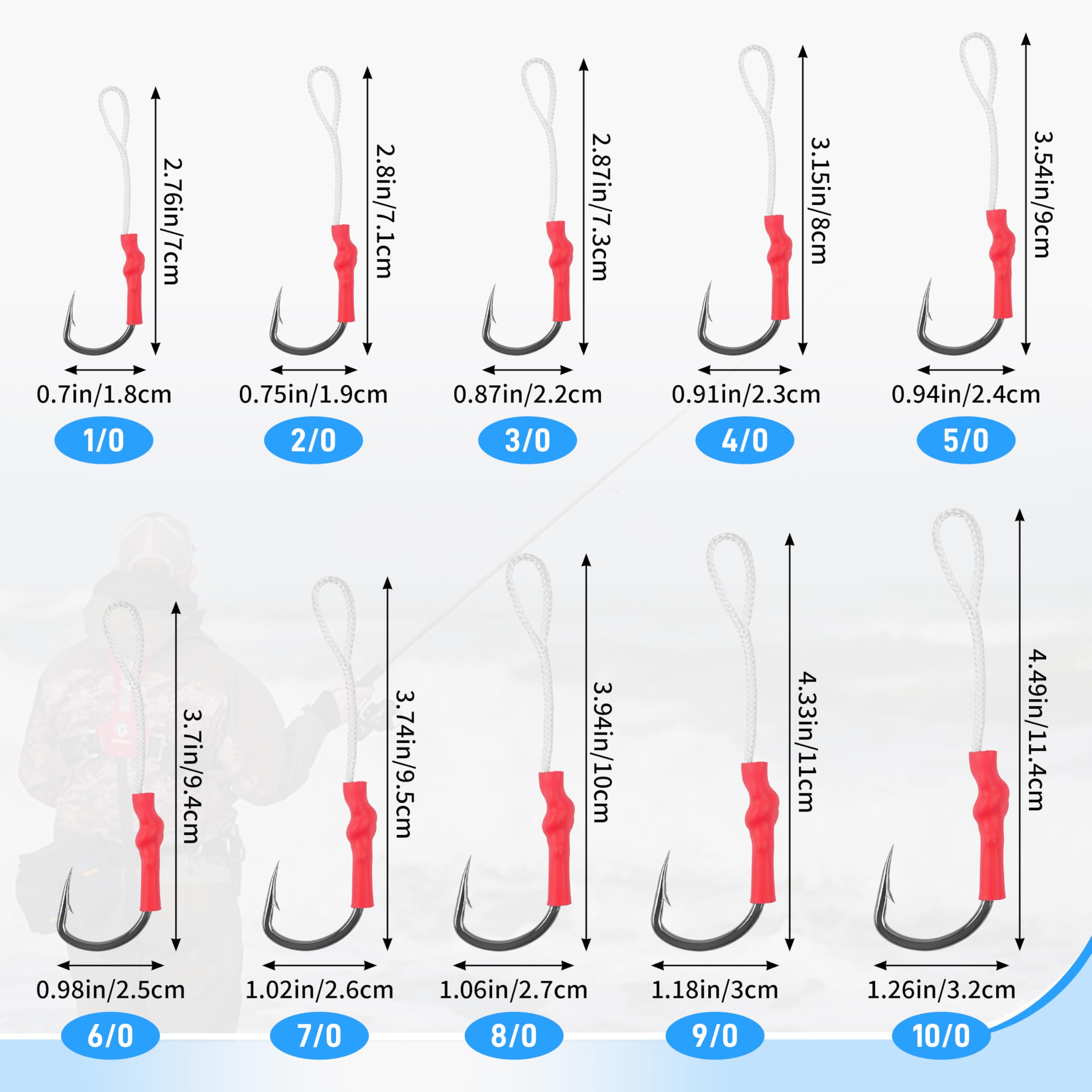 Orootl, 60 ami da pesca in acciaio inox, ami da pesca con forte lenza in polietilene, 1/0-10/0, kit per pesca in acqua dolce e salata, 60pcs-4/0