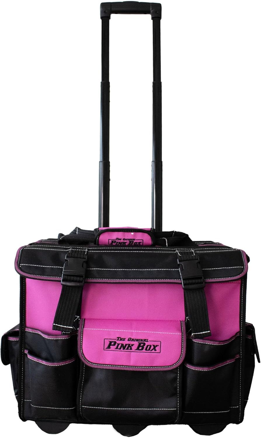 18-Inch Heavy Duty Rolling Tool Bag | Water Resistant, Portable Tool Storage Organizer with Wheels, Telescoping Handle, Pink